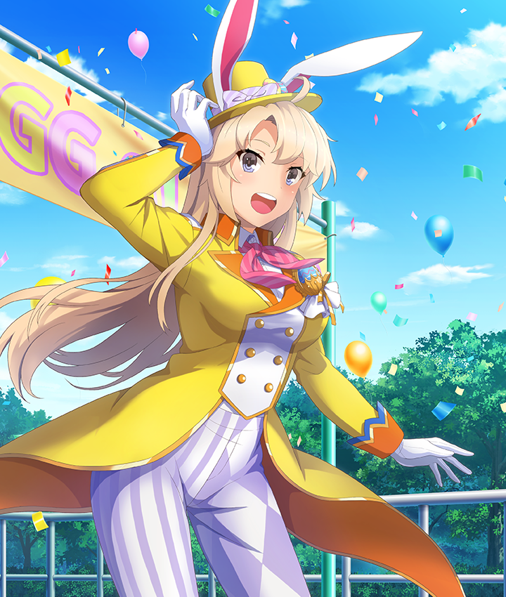 kohagura ellen, toji no miko, toji no miko: kizamishi issen no tomoshibi, game cg, official art, third-party source, 1girl, :d, ahoge, animal ears, balloon, blonde hair, blue eyes, blue sky, breasts, buttons, cloud, confetti, cowboy shot, day, diamond print, dot nose, double-breasted, easter, easter egg, egg, gloves, hand on headwear, hat, hat with ears, jacket, large breasts, long hair, long sleeves, looking at viewer, mini hat, neck ribbon, open mouth, outdoors, pants, pink ribbon, print pants, purple pants, rabbit ears, railing, ribbon, sidelocks, sign, sky, smile, solo, striped clothes, striped pants, striped ribbon, teeth, tilted headwear, tree, upper teeth only, vertical-striped clothes, vertical-striped pants, white gloves, yellow hat, yellow jacket