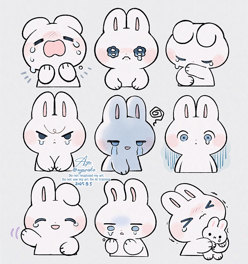 ayu (mog), original, commentary, commentary request, english commentary, mixed-language commentary, > <, :d, ^ ^, animal, animal focus, blush stickers, closed eyes, closed mouth, crying, dated, grey background, holding, holding stuffed toy, multiple views, no humans, notice lines, open mouth, rabbit, signature, simple background, smile, squiggle, streaming tears, stuffed animal, stuffed rabbit, stuffed toy, teardrop, tears, twitter username, v-shaped eyebrows, watermark