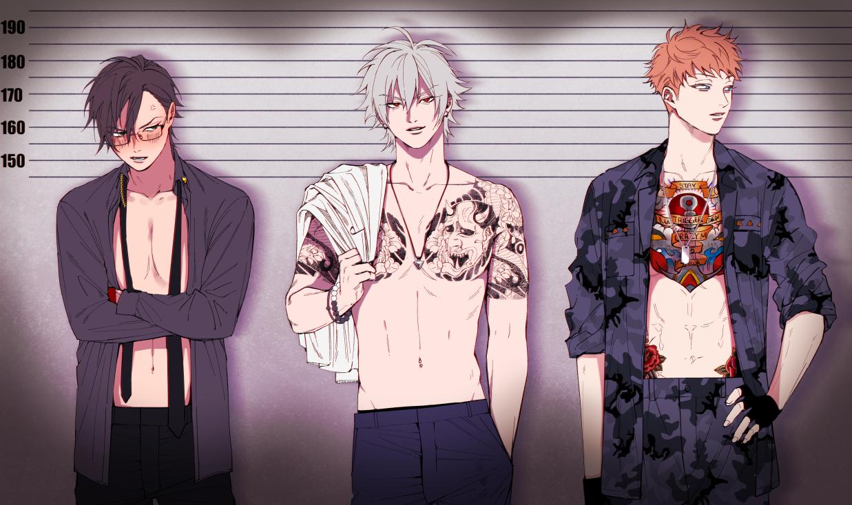 busujima mason rio, eizi, aohitsugi samatoki, iruma jyuto, hypnosis mic, bad id, bad twitter id, commentary request, 3boys, abs, anchor tattoo, anger vein, annoyed, antenna hair, asymmetrical bangs, bead bracelet, beads, bird tattoo, black gloves, black necktie, black pants, blue eyes, blue pants, blush, bracelet, breast pocket, brown hair, camouflage, camouflage jacket, camouflage pants, carrying over shoulder, character name, chest tattoo, choppy bangs, collar chain (jewelry), collarbone, collared shirt, cowboy shot, crossed arms, denim, dog tags, ear blush, earrings, embarrassed, expressionless, fingerless gloves, flower, flower tattoo, glaring, glasses, gloves, grey jacket, grey pants, grey shirt, groin, group name, hair between eyes, hand in pocket, hand on own hip, hand up, hannya, height chart, hip bones, indoors, irezumi, jacket, jeans, jewelry, lineup, long sleeves, looking at another, looking at viewer, looking to the side, mad trigger crew, male focus, male underwear, male underwear peek, mask, multiple boys, multiple bracelets, muscular, muscular male, navel, navel piercing, necktie, noh mask, open clothes, open shirt, orange hair, pale skin, pants, parted lips, piercing, pocket, rectangular eyewear, red eyes, red flower, red gloves, red rose, ribs, rose, shadow, shirt, short hair, shoulder tattoo, sleeves rolled up, smirk, straight-on, sun symbol, sun tattoo, tan, tattoo, toned, toned male, topless male, triangle necklace, underwear, undone necktie, unworn shirt, v-shaped eyebrows, very short hair, wave tattoo, white hair, white shirt