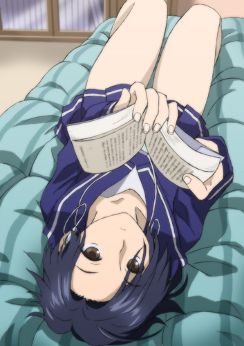heki (axis), kobayakawa rinko, love plus, bad id, bad pixiv id, lowres, 1girl, bed, black hair, bob cut, book, brown eyes, earphones, female focus, lying, on back, school uniform, short hair, solo, upside-down