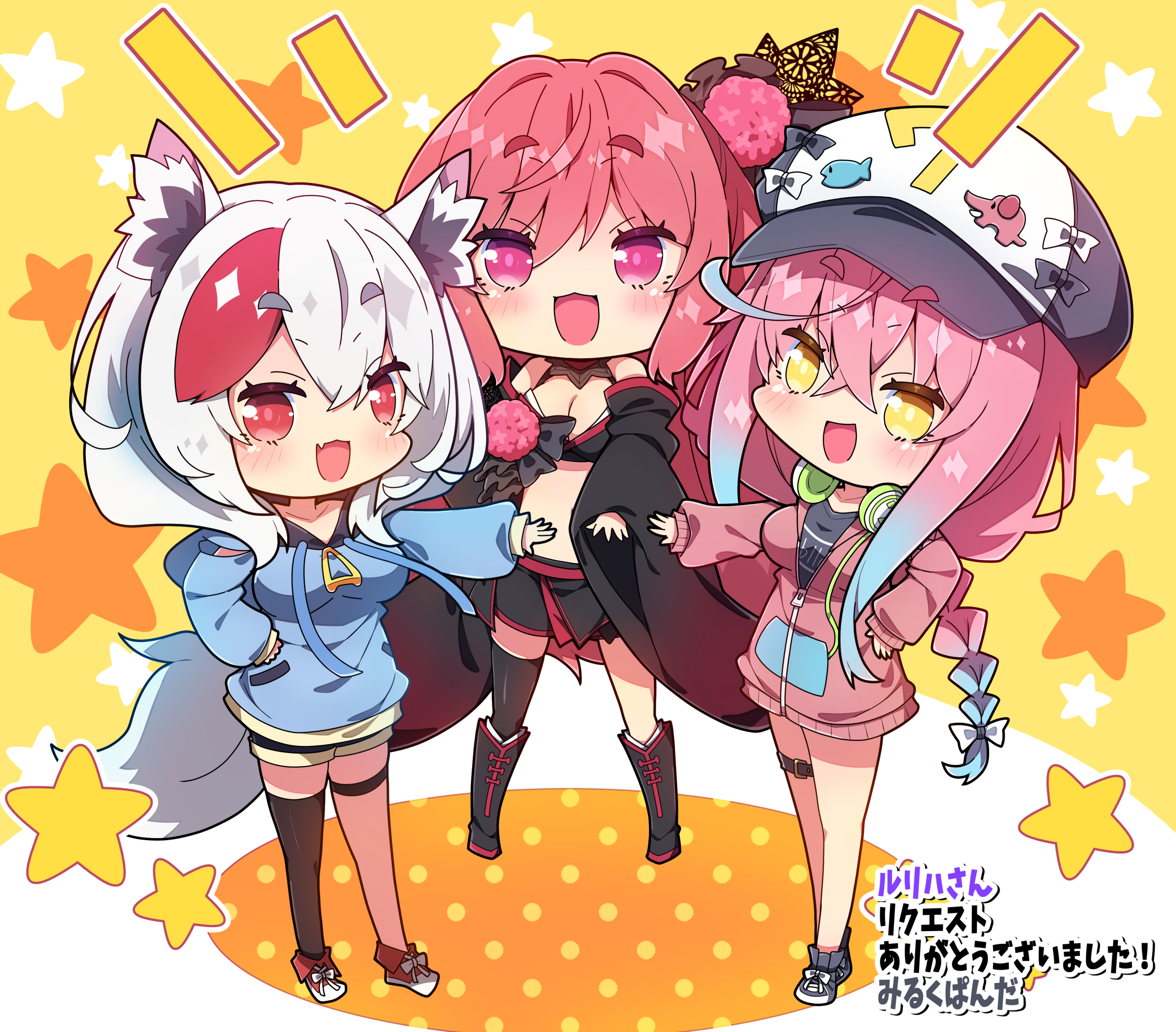 milkpanda, indie virtual youtuber, character request, commentary request, commission, highres, skeb commission, 3girls, :d, artist name, black boots, black skirt, black thighhighs, blue shirt, blush, boots, breasts, chibi, chibi only, cleavage, crop top, crossed bangs, detached sleeves, double-parted bangs, full body, hair between eyes, hat, headphones, headphones around neck, jacket, long hair, long sleeves, looking at viewer, multiple girls, notice lines, open mouth, pink eyes, pink hair, pink jacket, red shoes, shirt, shoes, single thighhigh, skirt, smile, standing, star (symbol), star symbol background, thick eyebrows, thigh strap, thighhighs, virtual youtuber, white hair, white hat, yellow background, yellow eyes, yui nano
