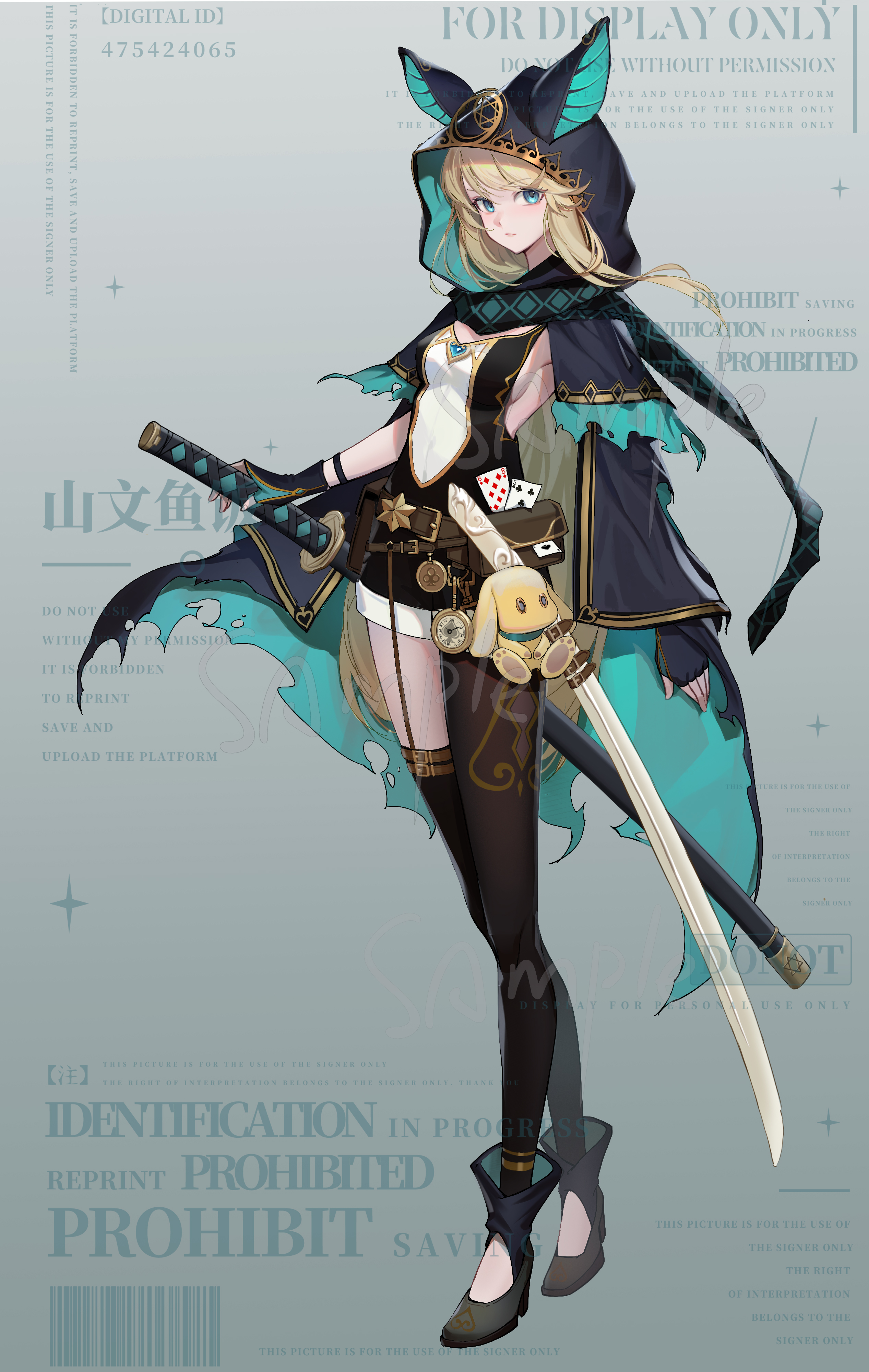 shanwenyufan, original, absurdres, commission, highres, 1girl, animal ear hood, animal ears, aqua cloak, asymmetrical legwear, belt, belt bag, belt buckle, black cloak, black dress, black gloves, black pantyhose, black shoes, black thighhighs, blonde hair, blue eyes, breasts, brown bag, brown belt, buckle, card, cleavage, cloak, closed mouth, covered navel, crossed belts, dot nose, dress, expressionless, eyelashes, fake animal ears, fingerless gloves, floating hair, full body, gloves, gold buckle, grey background, hand on hilt, high heels, hood, hood up, hooded cloak, katana, light blush, light frown, long hair, looking at viewer, pantyhose, playing card, pocket watch, rabbit ears, sample watermark, sheath, sheathed, shoes, sideboob, sidelocks, simple background, single leg pantyhose, single thighhigh, sleeveless, sleeveless dress, small breasts, solo, spaghetti strap, standing, stirring, straight hair, stuffed animal, stuffed rabbit, stuffed toy, sword, thighhighs, too many watermarks, torn cloak, torn clothes, two-sided cloak, two-sided fabric, two-tone dress, very long hair, watch, watermark, weapon, white dress, wind