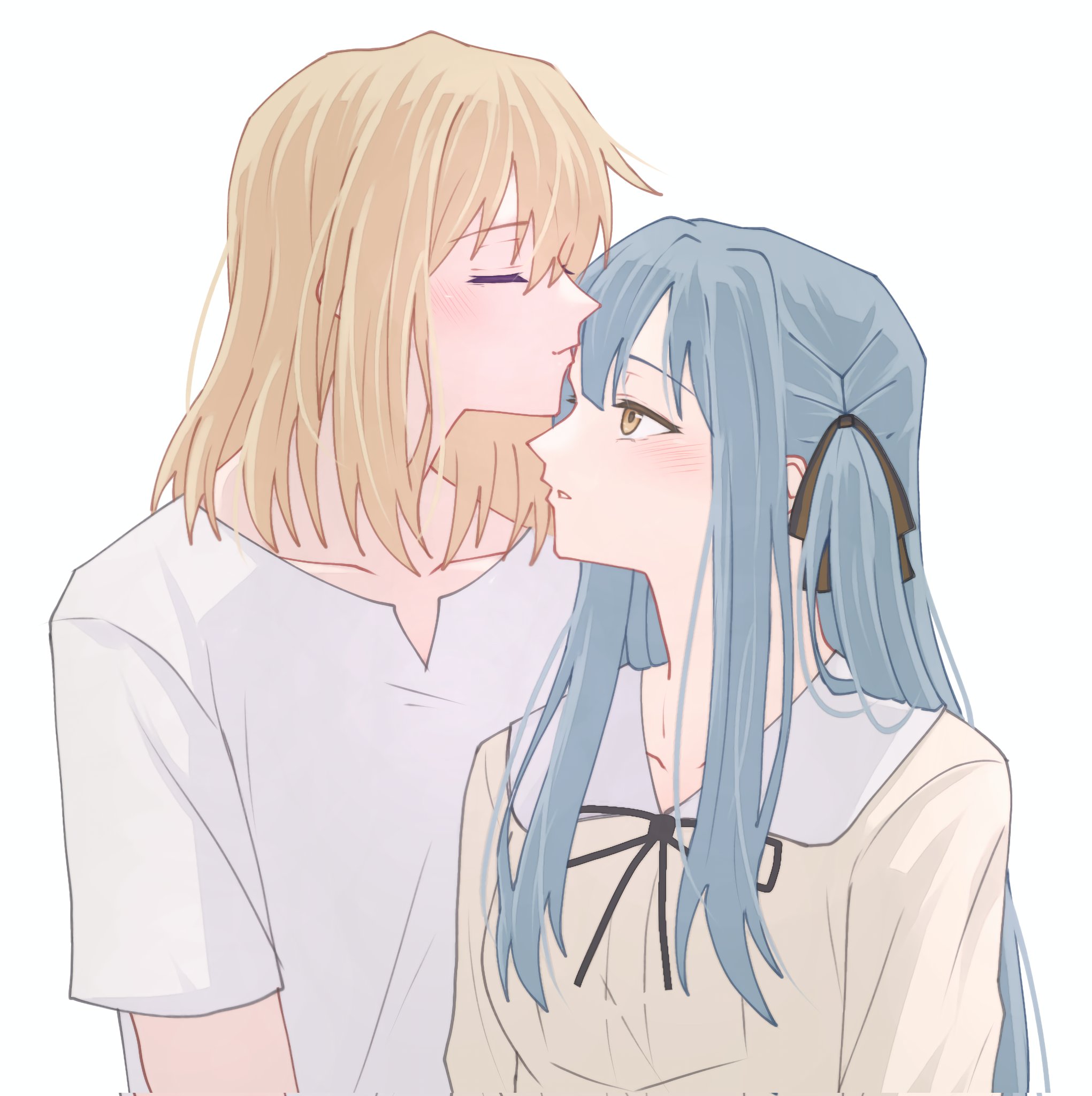 firman acker, misumi uika, togawa sakiko, bang dream!, bang dream! it's mygo!!!!!, highres, 2girls, black ribbon, blonde hair, blue hair, blush, closed eyes, closed mouth, hair ribbon, kiss, kissing forehead, long hair, medium hair, multiple girls, ribbon, shirt, simple background, two side up, white background, white shirt, yellow eyes, yellow shirt, yuri