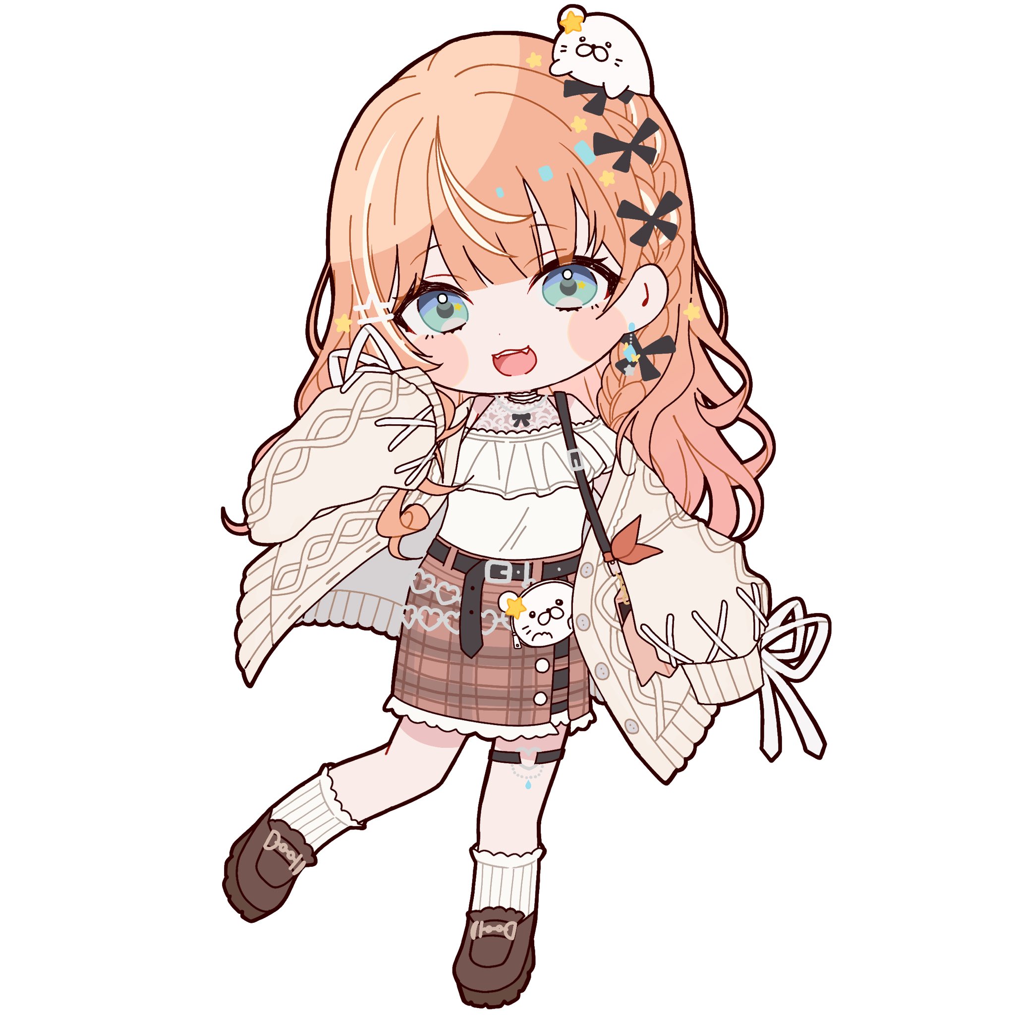 komeshisu4545, igarashi rika, nijisanji, hashtag-only commentary, highres, 1girl, belt, blue eyes, braid, brown shoes, cardigan, chibi, earrings, fang, full body, hand up, igarashi rika (3rd costume), jewelry, loafers, long hair, long sleeves, looking at viewer, multicolored hair, o-ring, o-ring thigh strap, open cardigan, open clothes, open mouth, orange hair, plaid clothes, plaid skirt, print skirt, shirt, shoes, simple background, skirt, sleeves past fingers, sleeves past wrists, socks, solo, streaked hair, striped clothes, striped socks, thigh strap, vertical-striped clothes, vertical-striped socks, virtual youtuber, white background, white hair, white shirt, white socks