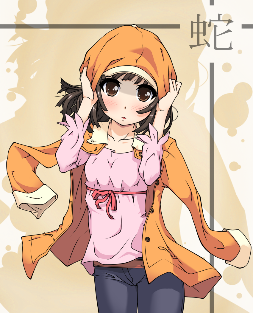 k10k, sengoku nadeko, bakemonogatari, monogatari (series), 00s, 1girl, blush, brown eyes, female focus, hat, jacket, jacket on shoulders, newsboy cap, solo