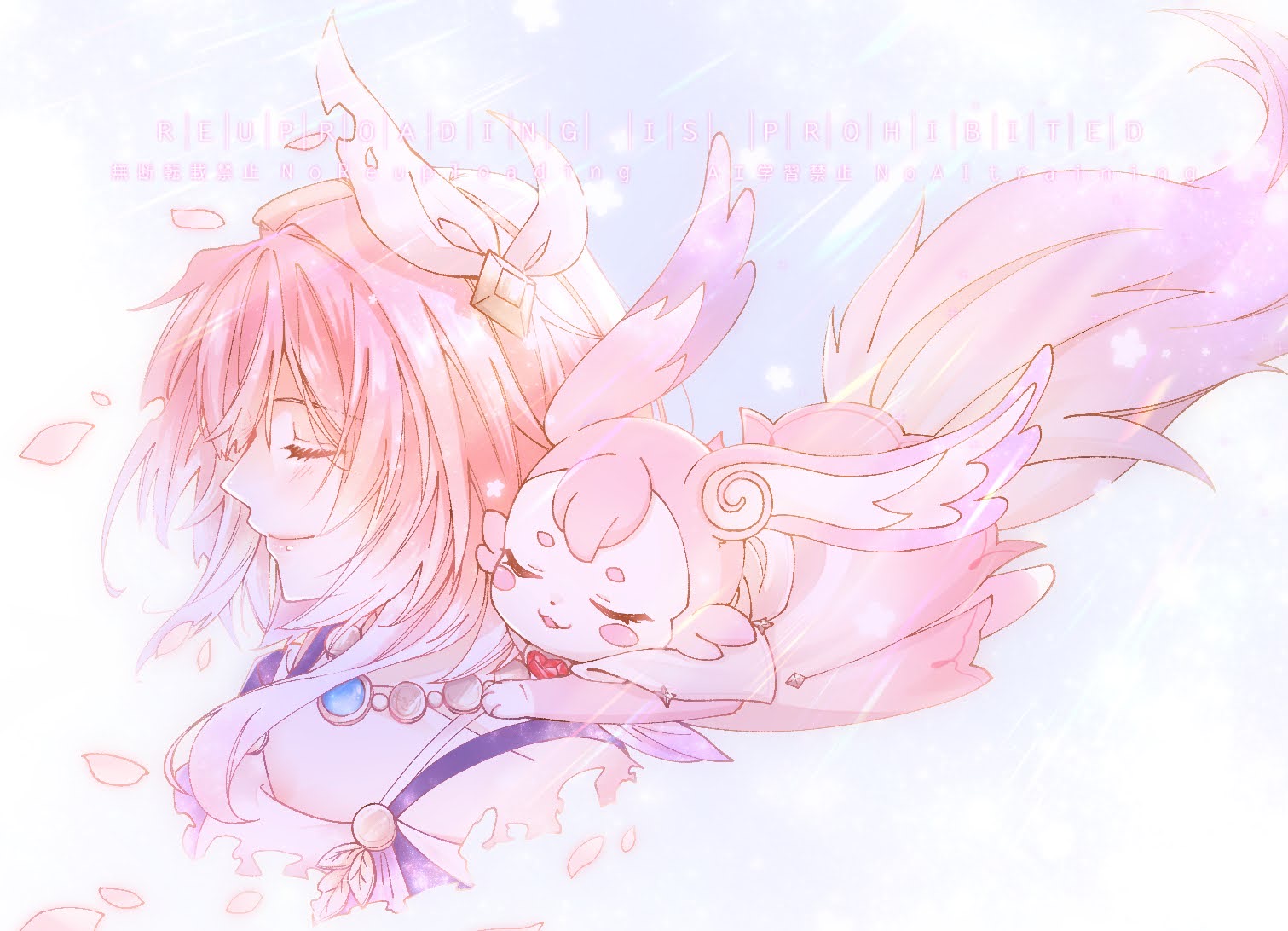 cyrene (honkai: star rail), cyrene (philia093) (honkai: star rail), mem (honkai: star rail), honkai: star rail, honkai (series), commentary request, 1girl, breasts, closed eyes, closed mouth, coat, dress, falling petals, hair ornament, jewelry, motituki, necklace, petals, pink hair, purple coat, short hair, small breasts, smile, tail, white dress