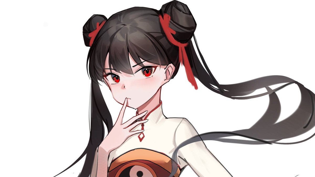 shanwenyufan, li meiling, cardcaptor sakura, chinese commentary, commentary request, 1girl, brown hair, chinese clothes, closed mouth, collared shirt, dot nose, double bun, expressionless, eyelashes, floating hair, frown, hair between eyes, hair bun, hair ribbon, hand on own chin, light blush, long hair, long sleeves, looking at viewer, mandarin collar, red eyes, red ribbon, ribbon, shirt, simple background, solo, tsurime, twintails, upper body, very long hair, white background, white shirt, yin yang, yin yang print