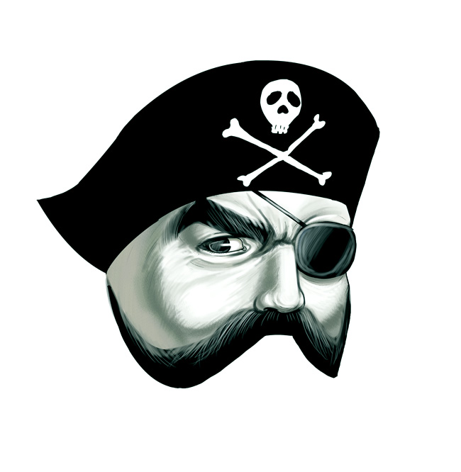 kouno (masao), jump logo, shounen jump, bad id, bad pixiv id, eyepatch, facial hair, green theme, mascot, monochrome, mustache, pirate, realistic, simple background, skull and crossbones, white background