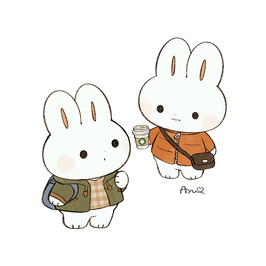 ayu (mog), original, commentary, commentary request, english commentary, mixed-language commentary, 3:, animal, animal focus, backpack, bag, blush stickers, brown shirt, closed mouth, clothed animal, cup, disposable coffee cup, disposable cup, green jacket, holding, holding cup, jacket, long sleeves, no humans, open clothes, open jacket, orange jacket, rabbit, romaji commentary, shirt, signature, simple background, solid circle eyes, white background, zipper