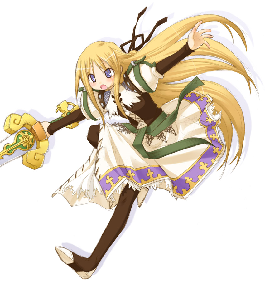 kasuga yukihito, yggdra yuril artwaltz, yggdra union, 1girl, armor, armored dress, blonde hair, blue eyes, dress, long hair, sword, very long hair, weapon