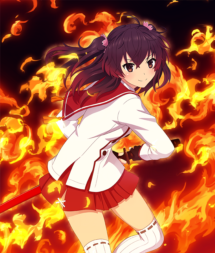 asakura mihono, toji no miko, toji no miko: kizamishi issen no tomoshibi, game cg, official art, third-party source, 1girl, ahoge, black background, black gloves, blush, brown eyes, buttons, closed mouth, cowboy shot, dot nose, fiery background, fingerless gloves, fire, gloves, gradient hair, holding, holding sword, holding weapon, katana, long sleeves, looking at viewer, medium hair, minoseki gakuin uniform, multicolored hair, purple hair, red hair, red sailor collar, red skirt, sailor collar, school uniform, sheath, sheathed, shirt, skirt, smile, solo, sword, tassel, thighhighs, twintails, weapon, white shirt, white thighhighs, zettai ryouiki