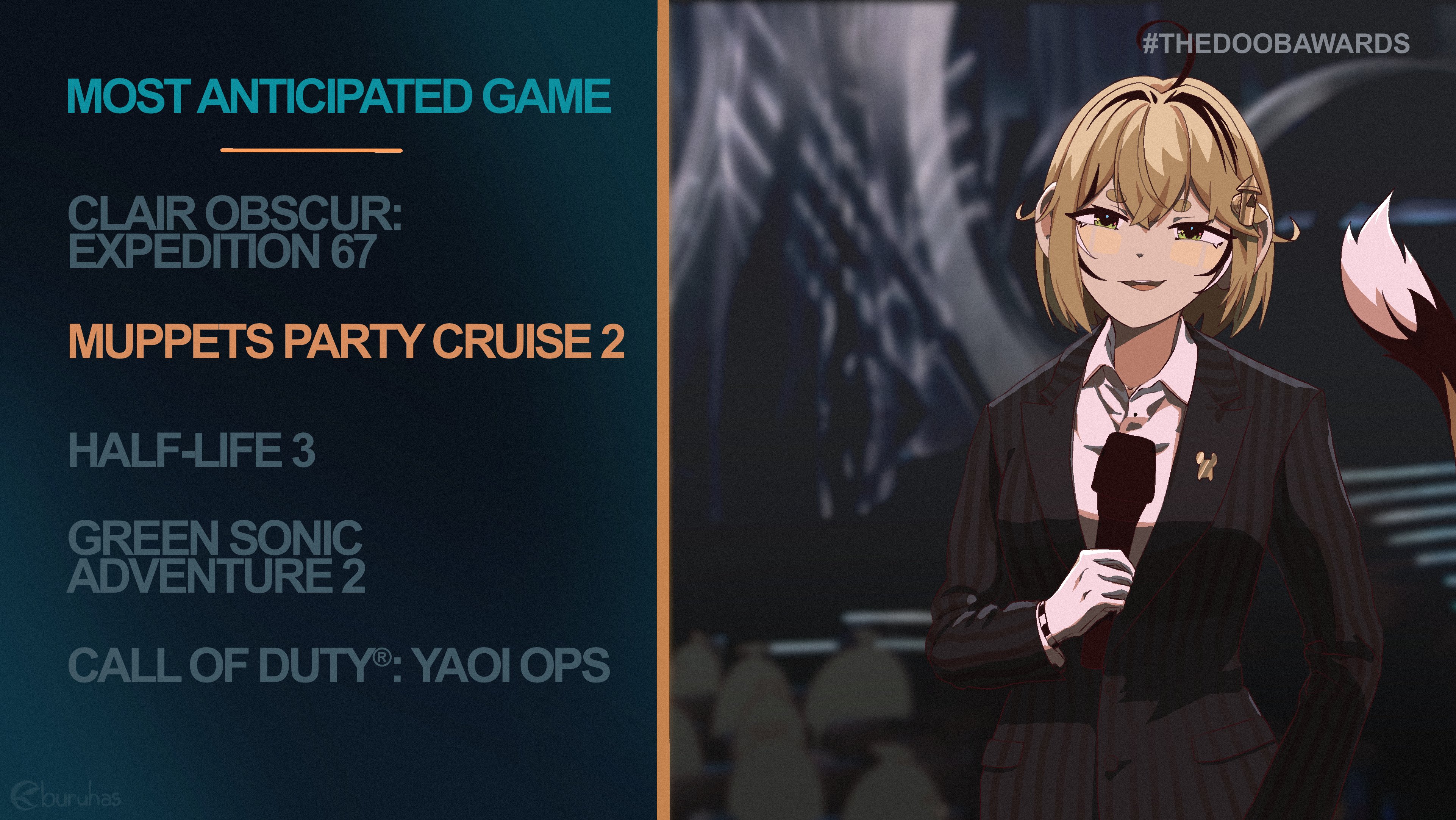 buruhas, dooby, indie virtual youtuber, the game awards, absurdres, commentary, english commentary, highres, 1girl, ahoge, alternate costume, artist name, black hair, black suit, blonde hair, english text, formal clothes, gloves, green eyes, holding, holding microphone, microphone, multicolored hair, pinstripe pattern, pinstripe suit, short hair, solo, streaked hair, suit, tail, thick eyebrows, upper body, virtual youtuber, white background, white gloves