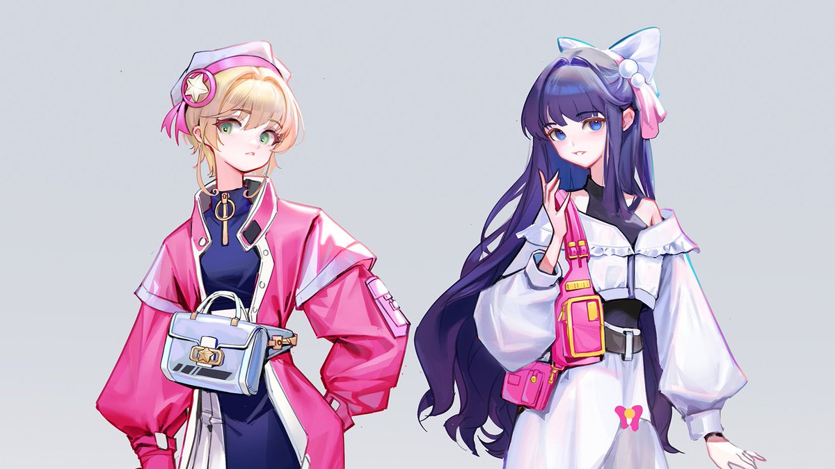 shanwenyufan, daidouji tomoyo, kinomoto sakura, cardcaptor sakura, chinese commentary, commentary request, 2girls, adapted costume, aged up, bag, baggy pants, beret, black dress, black shirt, blue bag, blue eyes, blue hat, bow, brown hair, casual, coat, collared coat, collared dress, cowboy shot, dot nose, dress, expressionless, eyelashes, green eyes, grey background, hair between eyes, hair bow, hair intakes, hair ornament, hair ribbon, halter shirt, halterneck, hand in pocket, hat, high-waist pants, holding, holding bag, jacket, large bow, long hair, long sleeves, looking at viewer, multiple girls, off-shoulder jacket, off shoulder, open clothes, open coat, pants, parted lips, pink bag, pink coat, pink ribbon, pom pom (clothes), pom pom hair ornament, puffy long sleeves, puffy sleeves, purple hair, ribbon, shirt, short hair with long locks, shoulder bag, sidelocks, simple background, standing, star (symbol), star hair ornament, tassel, tassel hair ornament, very long hair, waist bag, wavy hair, white bow, white jacket, white pants