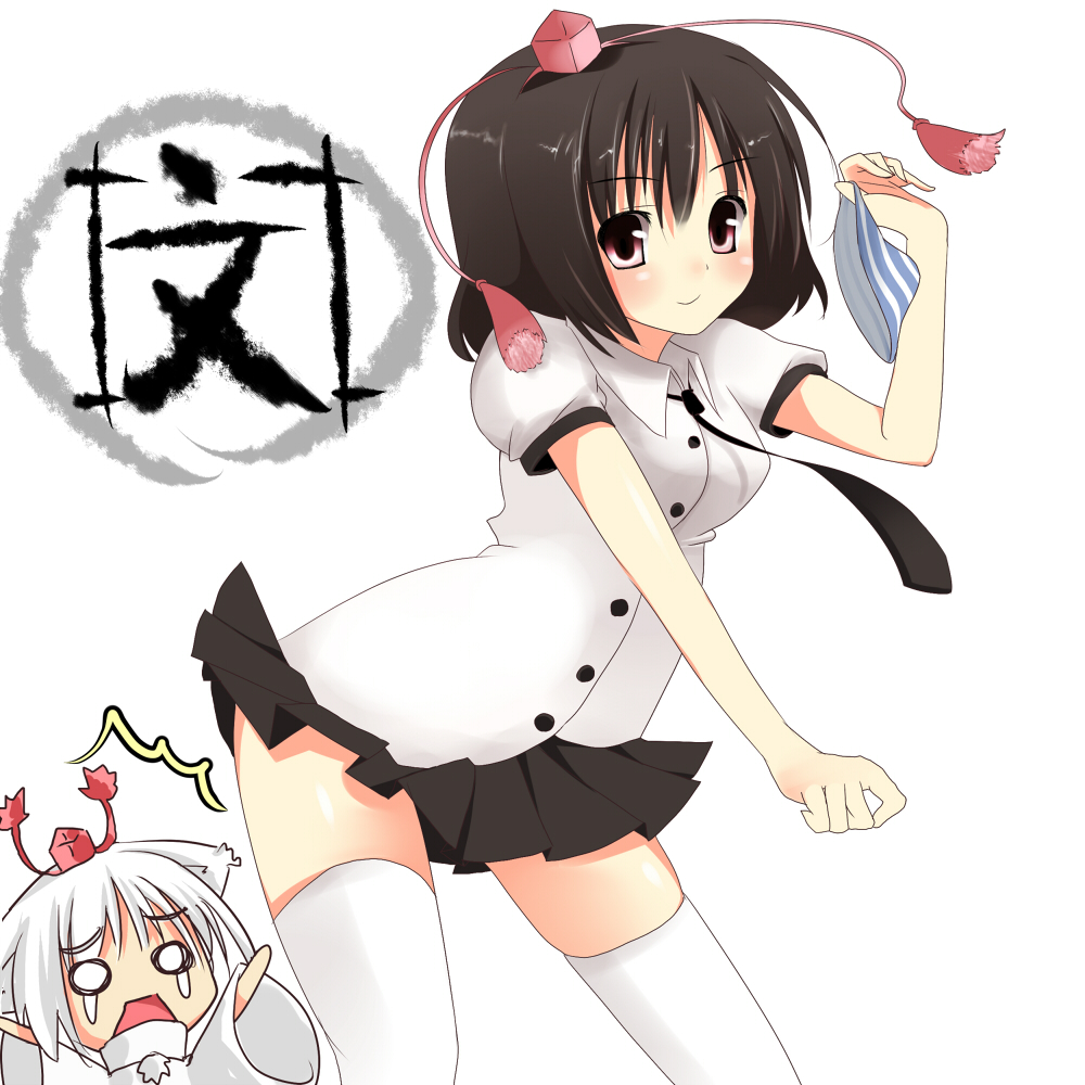 akesaka iku, inubashiri momiji, shameimaru aya, touhou, silver hair, 2girls, animal ears, black hair, clothes theft, female focus, hat, multiple girls, necktie, panties, purple eyes, short hair, skirt, striped clothes, striped panties, theft, thighhighs, tokin hat, underwear, underwear theft, white thighhighs, wolf ears