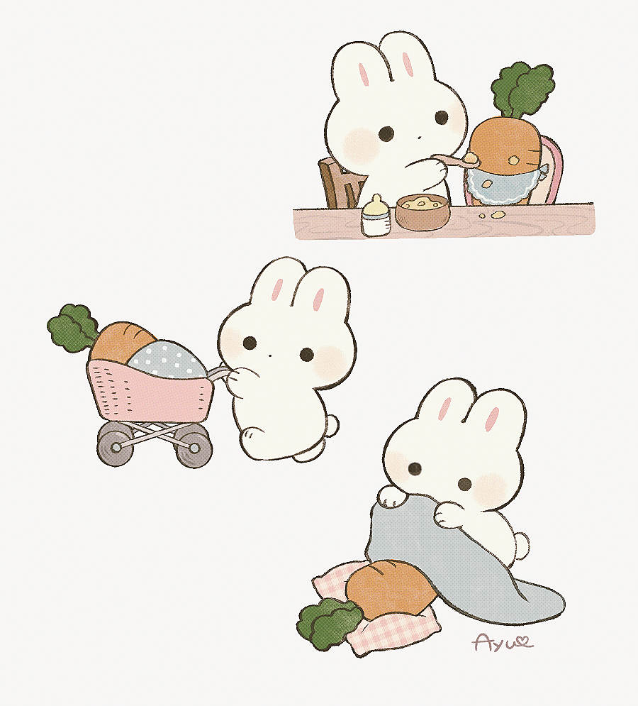 ayu (mog), original, commentary, commentary request, english commentary, mixed-language commentary, animal, animal focus, baby bottle, blanket, bottle, carrot, closed mouth, feeding, grey background, holding, holding spoon, no humans, pillow, rabbit, romaji commentary, signature, simple background, solid circle eyes, spoon, stroller