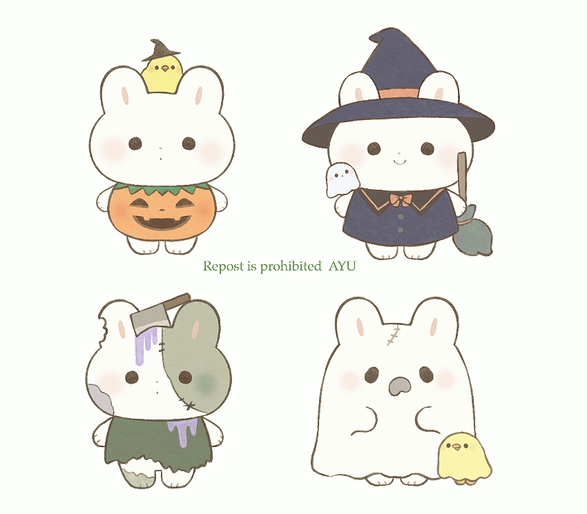 ayu (mog), original, commentary, commentary request, english commentary, mixed-language commentary, animal, animal focus, animal on head, artist name, axe, baby animal, bird, bird on head, black hat, black shirt, bow, bowtie, chick, ghost, halloween, hat, no humans, on head, orange bow, orange bowtie, patchwork skin, pumpkin costume, rabbit, romaji commentary, shirt, simple background, watermark, white background, witch hat, zombie