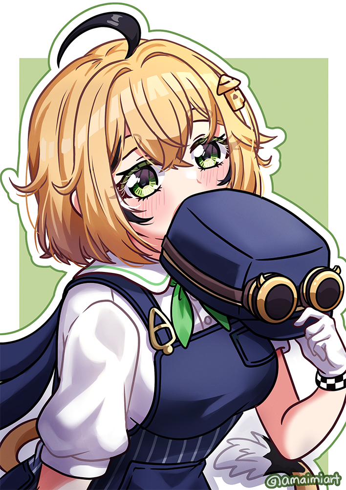 amaimi, dooby, dooby (1st costume), indie virtual youtuber, commentary request, 1girl, ahoge, black streaks, blonde hair, blue hat, blue overalls, blush, gloves, green eyes, hat, holding, holding unworn clothes, holding unworn hat, looking at viewer, medium hair, mouse girl, mouse tail, multicolored hair, overalls, shirt, streaked hair, tail, unworn hat, unworn headwear, virtual youtuber, white gloves, white shirt