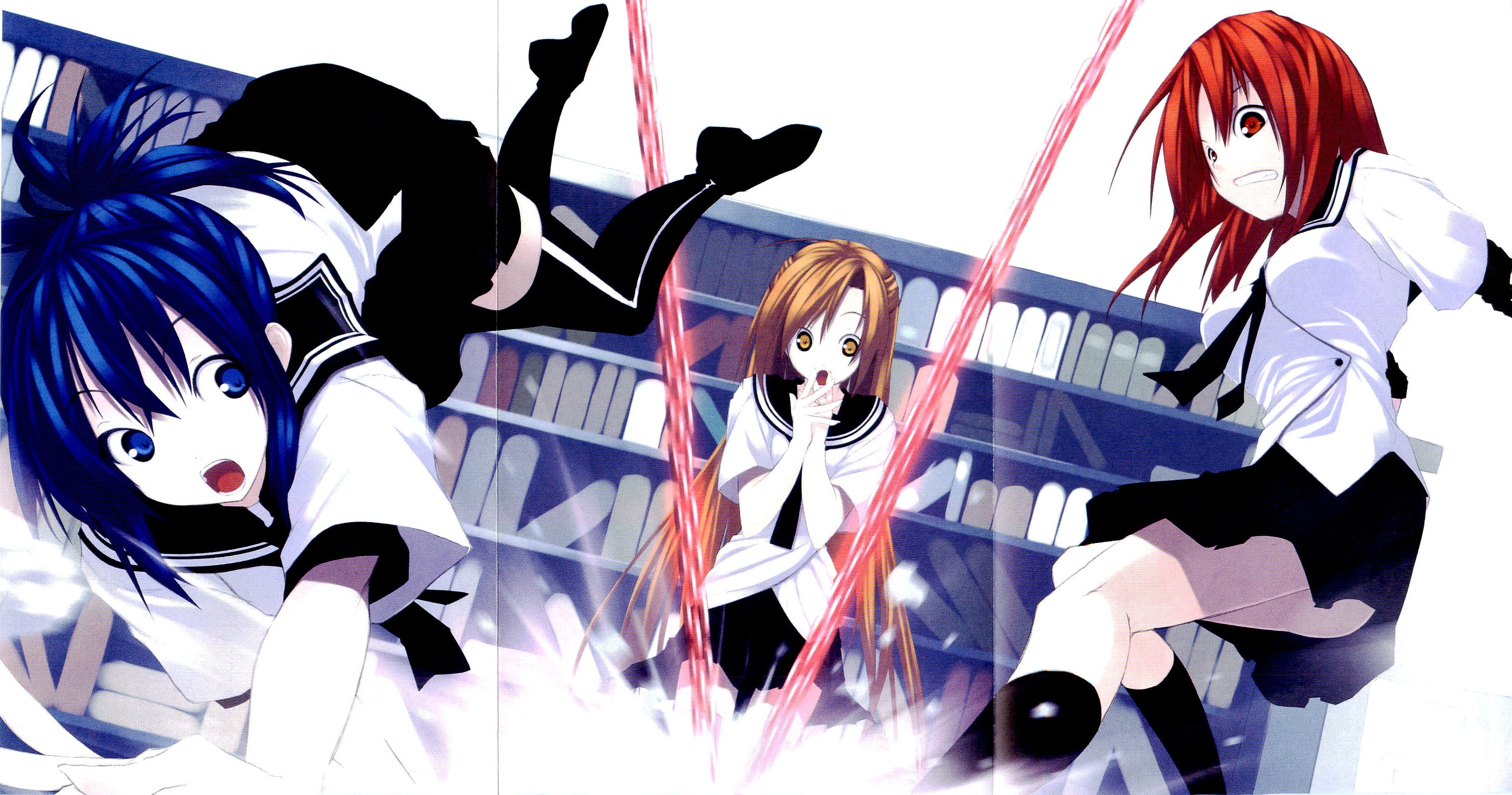 senmu (senmudayo), mishima akane, sakura kaede, senou natsuru, kampfer, absurdres, highres, scan, 00s, 3girls, blue eyes, blue hair, brown eyes, brown hair, chain, crease, genderswap, genderswap (mtf), long hair, multiple girls, red eyes, red hair, school uniform, short hair