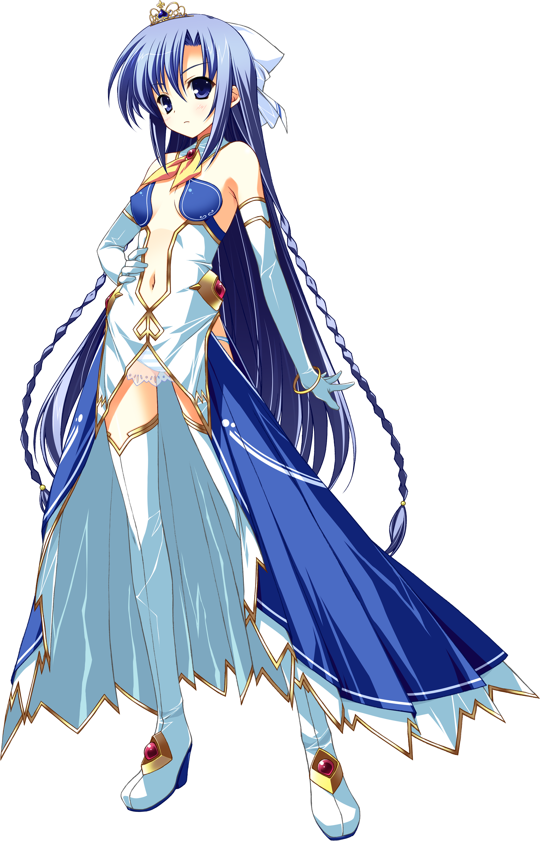 yuuki hagure, maria do arcadia, daiuchuu no hokori, absurdres, highres, 1girl, blue eyes, blue hair, blush, boots, bracelet, braid, brooch, center opening, dress, elbow gloves, female focus, flat chest, frown, full body, gloves, hand on own hip, high heels, hip focus, jewelry, long hair, lowleg, lowleg panties, matching hair/eyes, navel, panties, ribbon, shoes, solo, standing, striped clothes, striped panties, thigh boots, thighhighs, tiara, transparent background, twin braids, underwear, very long hair, white gloves, white thighhighs, zettai ryouiki