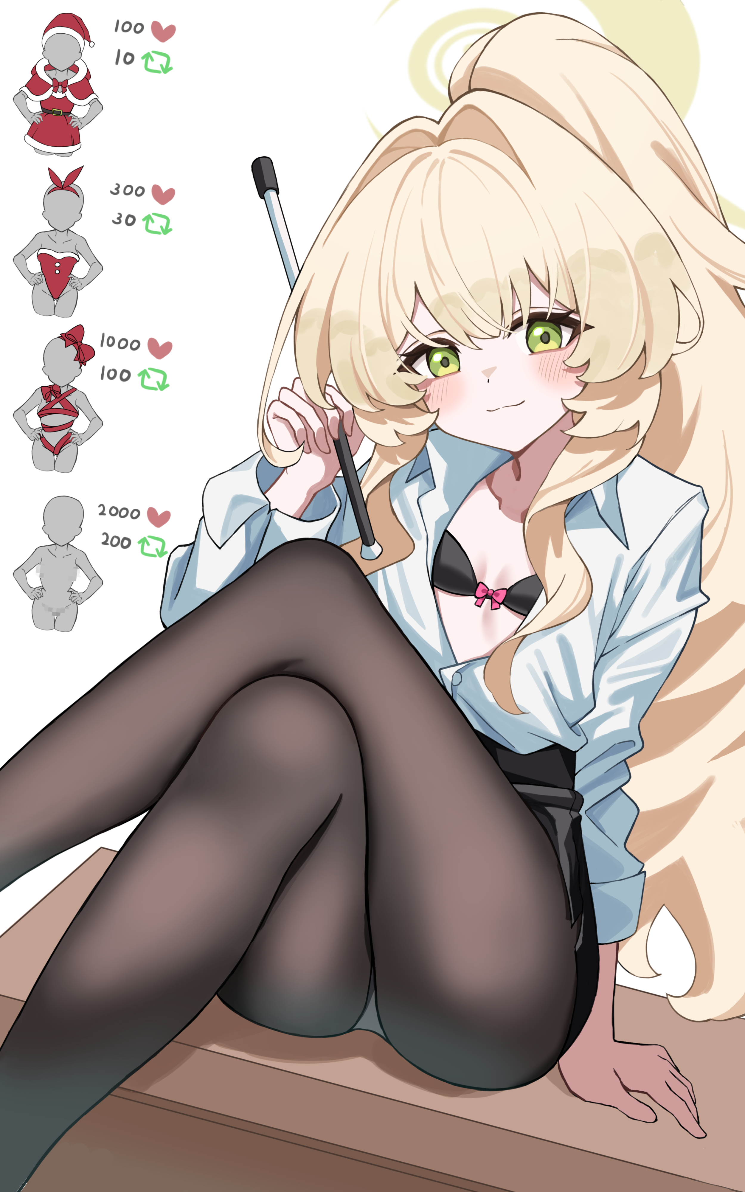 stale beer (kinonuketa biiru), professor niyaniya (blue archive), professor niyaniya (teacher) (blue archive), blue archive, absurdres, commentary request, highres, 1girl, black bra, black pantyhose, black skirt, blonde hair, blush, bra, breasts, closed mouth, collared shirt, crossed legs, green eyes, halo, holding, like and retweet, long hair, long sleeves, looking at viewer, meme, open clothes, pantyhose, pencil skirt, pointer, ponytail, shirt, simple background, sitting, skirt, small breasts, smile, solo, twitter strip game, underwear, white background, white shirt, yellow halo