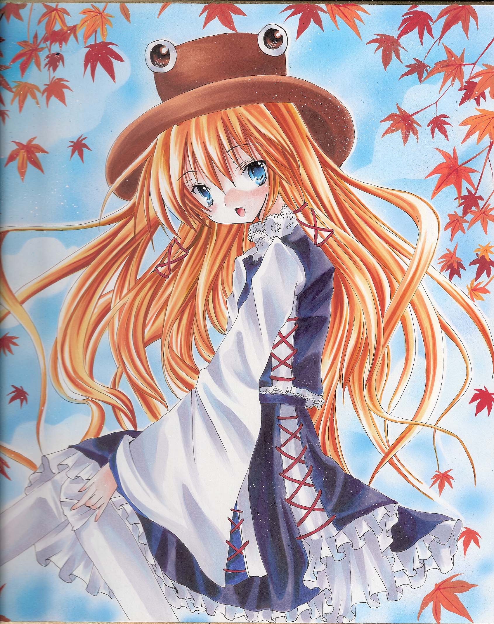 nyunmaru, moriya suwako, touhou, acrylic paint (medium), highres, marker (medium), millipen (medium), painting (medium), pen (medium), traditional media, 1girl, blonde hair, blue eyes, female focus, hair ribbon, hat, leaf, long hair, maple leaf, ribbon, shikishi, solo, thighhighs, white thighhighs