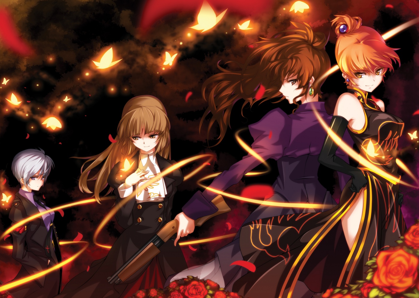 hong (white spider), ushiromiya eva, ushiromiya kyrie, ushiromiya natsuhi, ushiromiya rosa, umineko no naku koro ni, silver hair, jpeg artifacts, 00s, 4girls, bare shoulders, brown hair, bug, butterfly, china dress, chinese clothes, dress, earrings, elbow gloves, flower, gloves, gun, hime cut, insect, jewelry, long hair, looking back, multiple girls, rose, short hair, weapon, wind