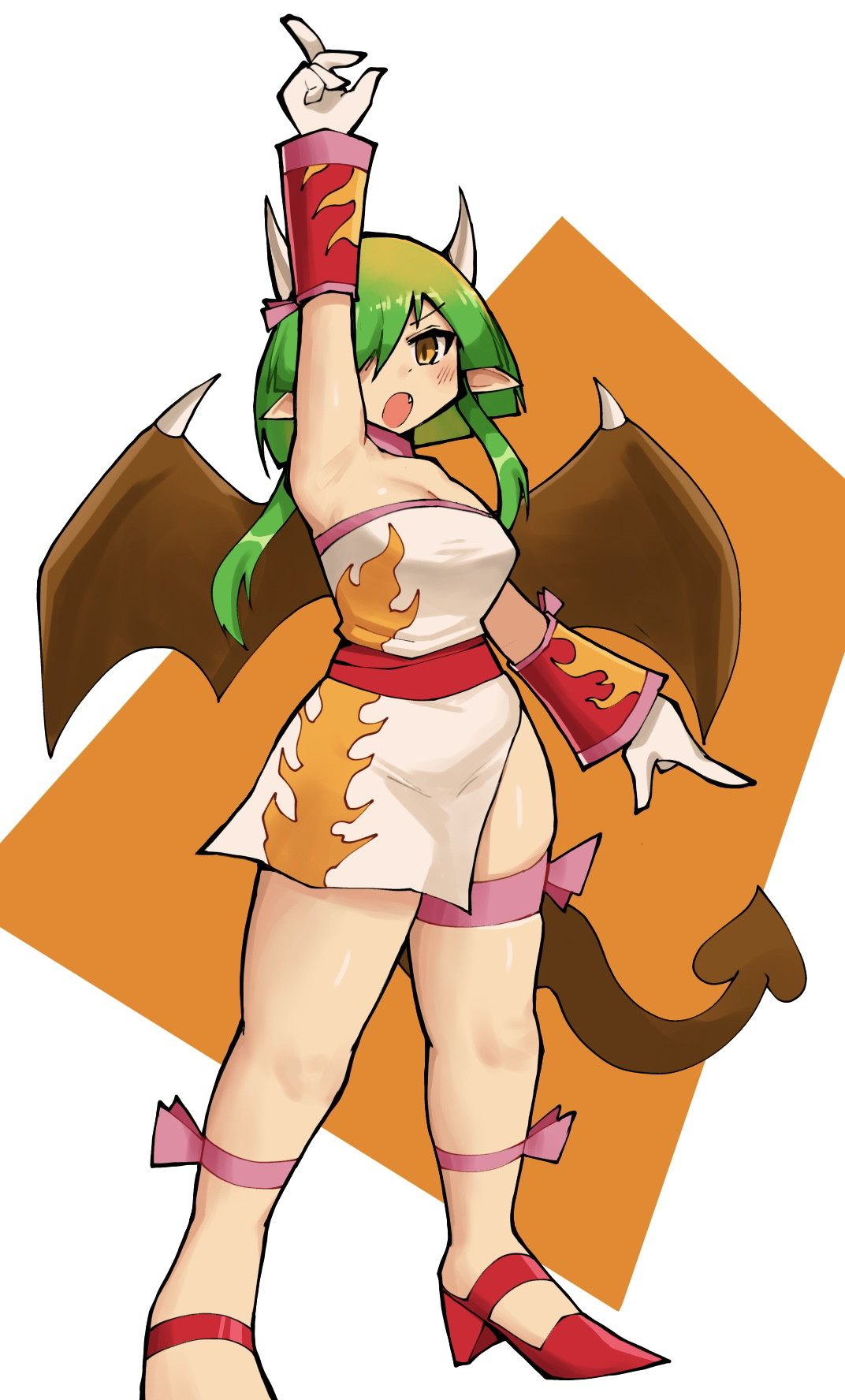 draco centauros, puyopuyo, commentary request, highres, 1girl, :o, alternate costume, alternate hairstyle, arm up, blush, brown background, brown eyes, dragon girl, dragon horns, dragon tail, dragon wings, fang, flame print, green hair, hair over one eye, henshin pose, horns, index finger raised, kurokogeee, leg ribbon, long bangs, open mouth, orange tube top, orange wrist cuffs, pink ribbon, pink trim, pointy ears, red sash, red shoes, red wrist cuffs, ribbon, sandals, sash, shoes, short hair, short hair with long locks, side slit, simple background, solo, strapless, swept bangs, tail, tube top, two-tone tube top, two-tone wrist cuffs, v-shaped eyebrows, white background, white tube top, wings, wrist cuffs
