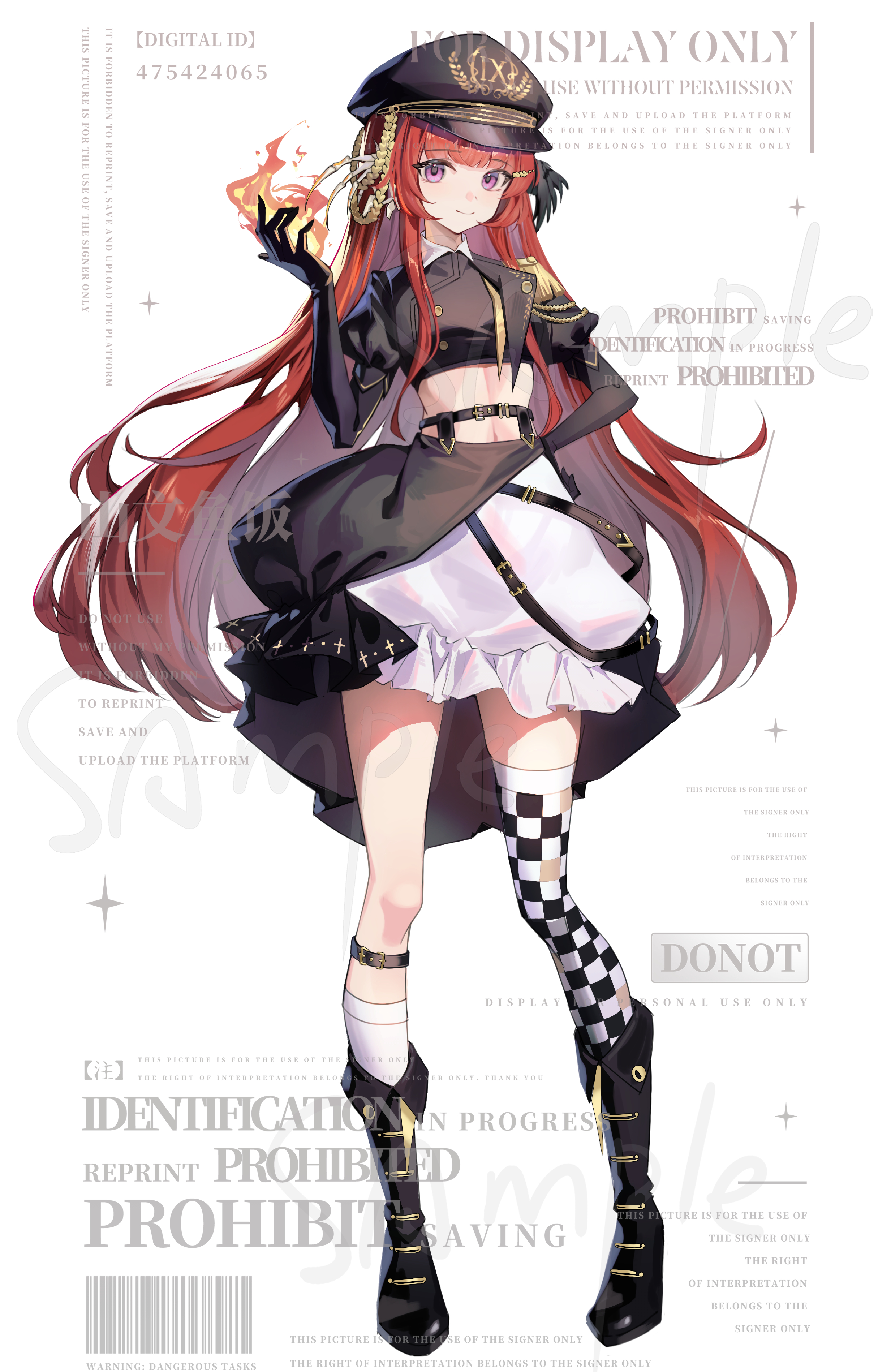 shanwenyufan, original, absurdres, chinese commentary, commentary request, commission, highres, 1girl, ankle boots, asymmetrical legwear, barcode, belt, belt buckle, black belt, black boots, black gloves, black hat, black shirt, black skirt, black thighhighs, blunt bangs, boots, bubble skirt, buckle, checkered thighhighs, closed mouth, collared shirt, cropped shirt, dot nose, elbow gloves, epaulettes, eyelashes, fire, frilled skirt, frills, full body, gloves, hair ornament, hairclip, hand on own hip, happy, hat, high belt, kneehighs, knees, layered skirt, leg belt, light blush, long hair, long sidelocks, looking at viewer, military hat, military uniform, miniskirt, mismatched legwear, multicolored thighhighs, multiple belts, navel, puffy short sleeves, puffy sleeves, purple eyes, pyrokinesis, red hair, ribs, sample watermark, shirt, short sleeves, sidelocks, simple background, single epaulette, single kneehigh, single sock, single thighhigh, skirt, smile, socks, solo, sparkle, standing, tachi-e, thighhighs, too many watermarks, two-tone thighhighs, very long hair, watermark, white background, white skirt, white socks, white thighhighs