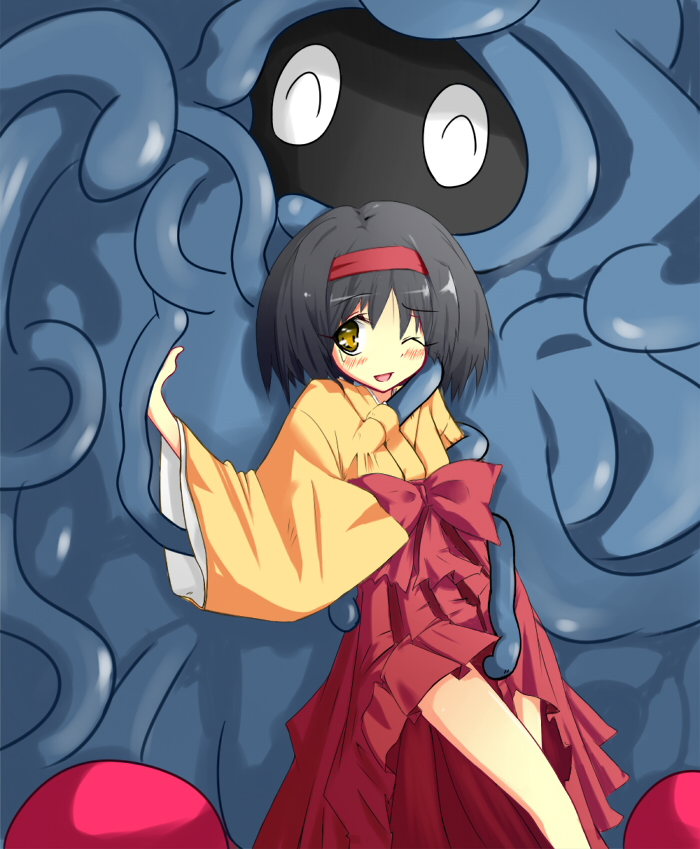 urimono, erika (pokemon), tangrowth, nintendo, pokemon, pokemon frlg, bad id, bad pixiv id, 00s, 1girl, black hair, blush, gen 4 pokemon, gym leader, hairband, japanese clothes, kimono, one eye closed, pokemon (creature), short hair, tentacles, tentacles under clothes, tickling, tickling flat chest, wink, yellow eyes