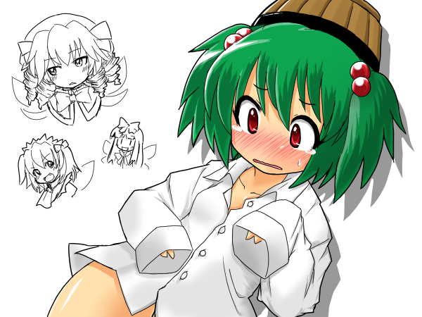 [], kisume, luna child, star sapphire, sunny milk, perfect memento in strict sense, touhou, 4girls, blush, bottomless, bucket, dress shirt, female focus, green hair, hair bobbles, hair ornament, multiple girls, no nose, red eyes, shirt, tears, twintails, two side up, white background, white shirt