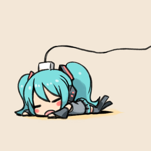 chan co, hatsune miku, vocaloid, charging, 1girl, aqua hair, chibi, female focus, green hair, long hair, sleeping, solo, twintails, very long hair