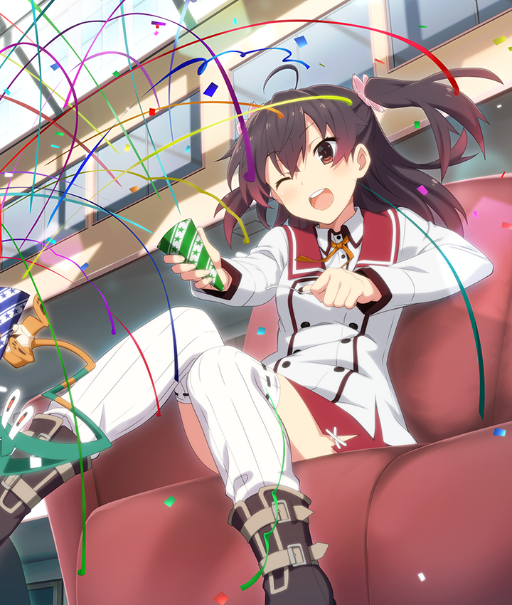 asakura mihono, nene (toji no miko), toji no miko, toji no miko: kizamishi issen no tomoshibi, game cg, official art, third-party source, 1girl, ;d, blush, boots, brown boots, brown hair, buttons, confetti, couch, dot nose, double-breasted, gradient hair, holding, holding party popper, indoors, long sleeves, medium hair, midair, minoseki gakuin uniform, multicolored hair, on couch, one eye closed, open mouth, party popper, railing, red eyes, red hair, red sailor collar, red skirt, ribbon, sailor collar, school uniform, shirt, sitting, skirt, smile, solo focus, streamers, striped clothes, striped thighhighs, teeth, thighhighs, twintails, upper teeth only, vertical-striped clothes, vertical-striped thighhighs, white shirt, white thighhighs, yellow ribbon