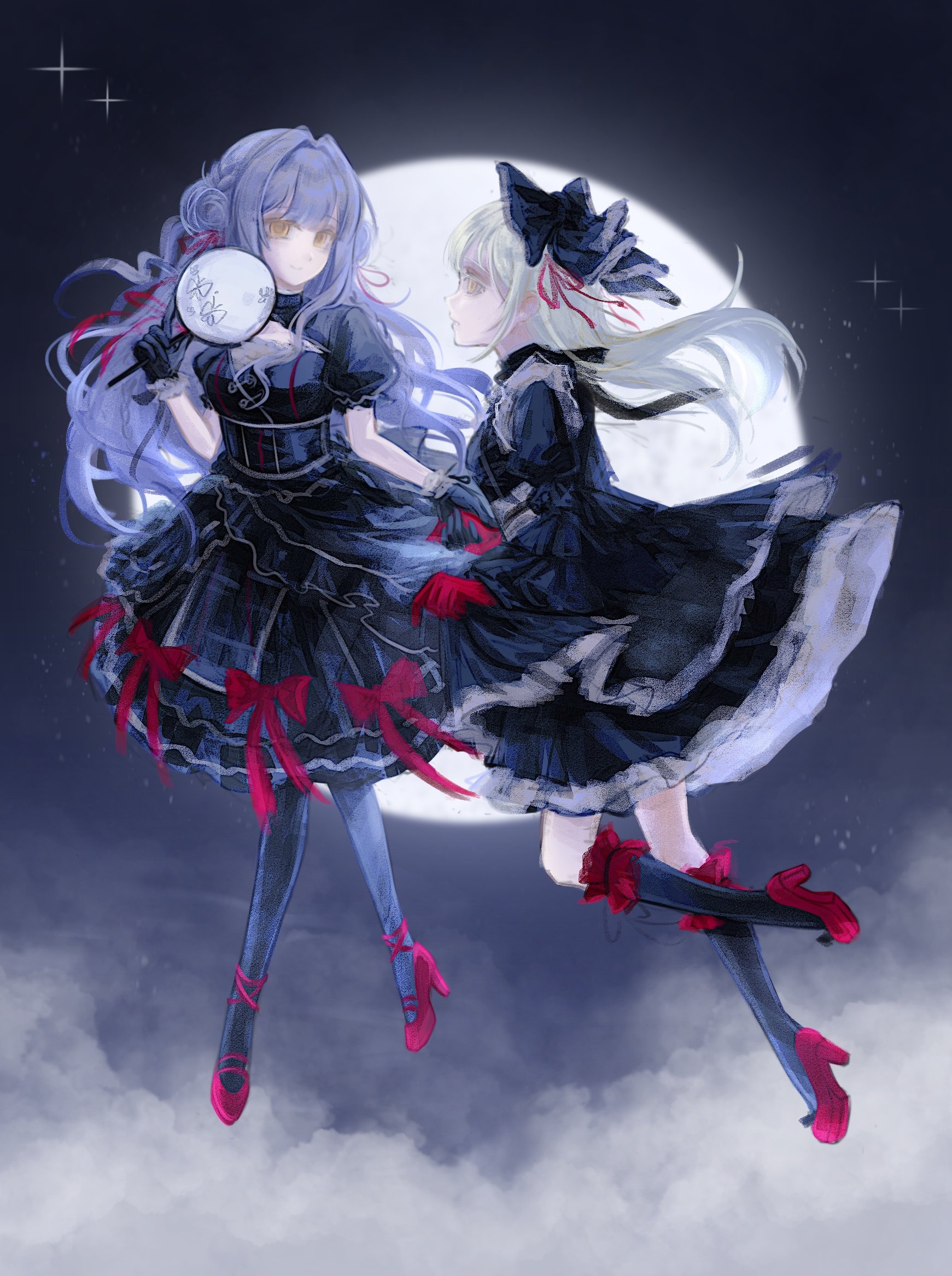 togawa sakiko, wakaba mutsumi, bang dream!, bang dream! it's mygo!!!!!, commentary, hashtag-only commentary, highres, 2girls, black bow, black dress, black gloves, black pantyhose, black socks, blue hair, bow, dress, full moon, gloves, green hair, hair bow, hand fan, holding, holding fan, kneehighs, long hair, moon, multiple girls, pantyhose, puffy short sleeves, puffy sleeves, red shoes, shoes, short sleeves, shoushud, socks, yellow eyes