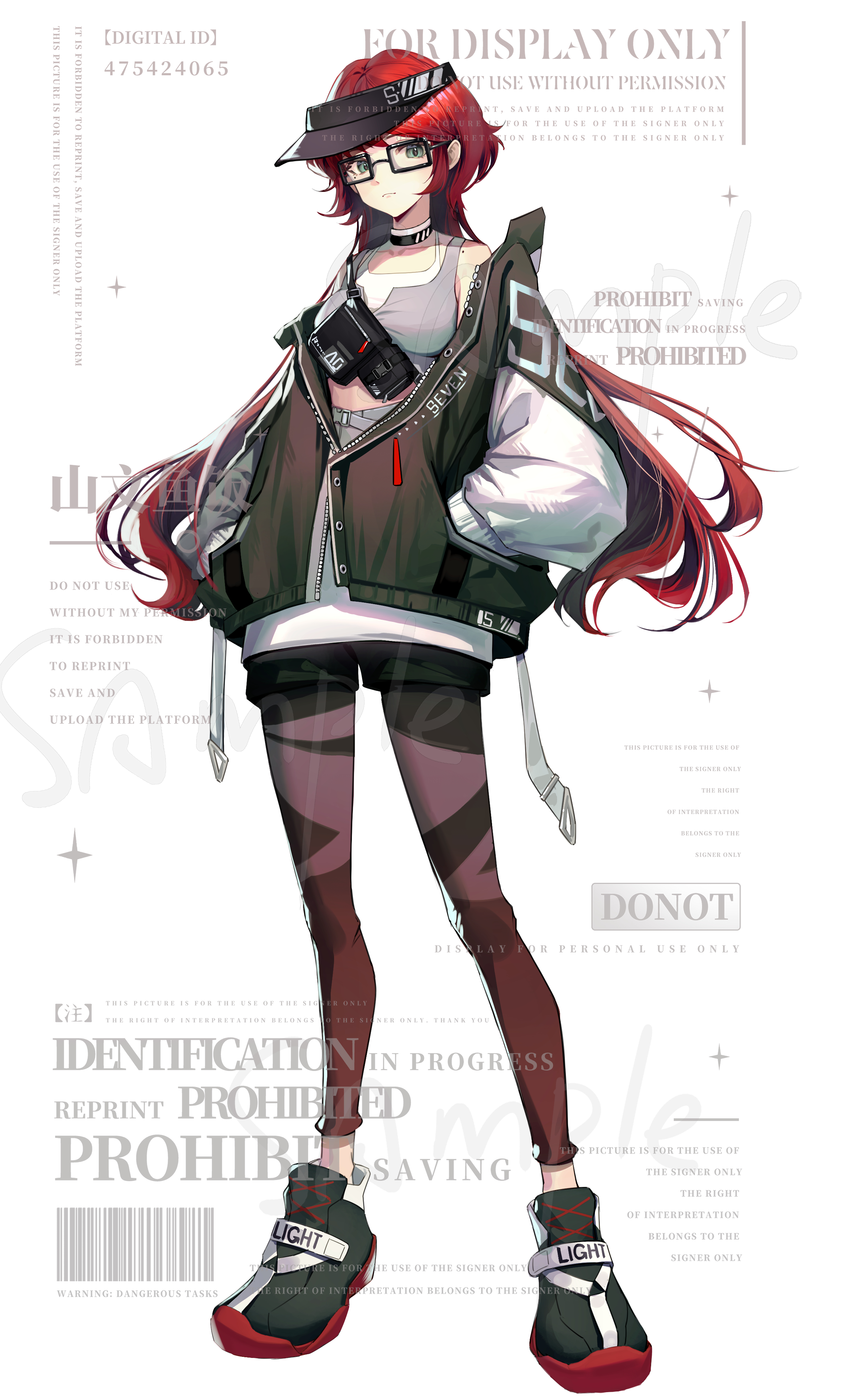 shanwenyufan, original, absurdres, chinese commentary, commentary request, commission, highres, 1girl, barcode, bare shoulders, belt, belt buckle, black-framed eyewear, black choker, black hat, black jacket, black shoes, black shorts, brown leggings, buckle, choker, closed mouth, dot nose, expressionless, full body, glasses, green eyes, grey sports bra, hand in pocket, hat, high-waist skirt, jacket, leggings, light frown, long hair, long sleeves, looking at viewer, midriff, miniskirt, no socks, open belt, partially unzipped, puffy long sleeves, puffy sleeves, radio, red hair, sample watermark, shoes, shorts, shorts under skirt, simple background, skirt, sneakers, solo, sparkle, sports bra, standing, tachi-e, too many watermarks, two-tone sports bra, very long hair, visor cap, watermark, wavy hair, white background, white belt, white skirt, white sleeves, white sports bra