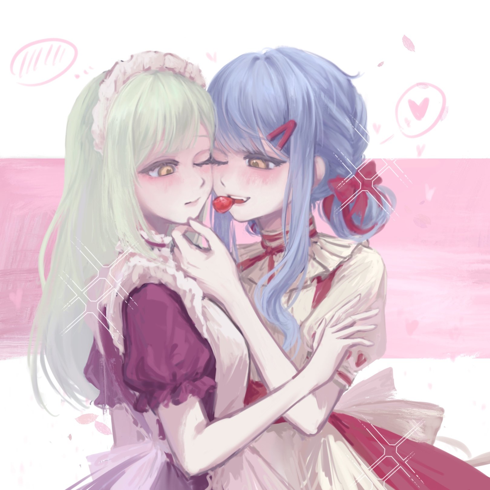 togawa sakiko, wakaba mutsumi, bang dream!, bang dream! it's mygo!!!!!, sweets paradise, commentary, english commentary, highres, 2girls, apron, blue hair, fang, food, fruit, green hair, hair ornament, hairclip, heart, maid, maid headdress, mouth hold, multiple girls, one eye closed, red eyes, red skirt, shirt, shoushud, sidelocks, skirt, spoken blush, spoken heart, strawberry, white apron, white shirt, yellow eyes, yuri