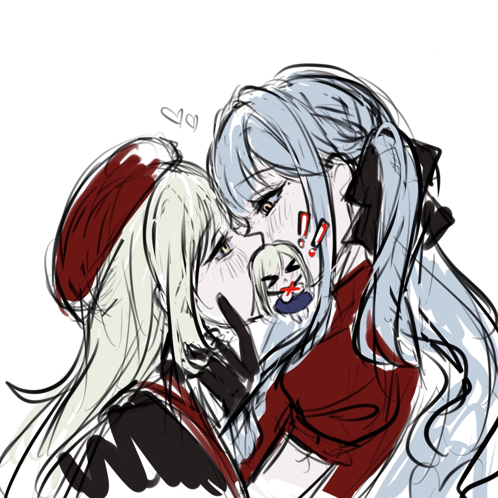 mortis (bang dream!), mortis (costume) (bang dream!), oblivionis (bang dream!), togawa sakiko, wakaba mutsumi, bang dream!, bang dream! it's mygo!!!!!, commentary, english commentary, highres, 2girls, beret, black gloves, blue hair, censored, character censor, gloves, green hair, hat, kiss, long hair, multiple girls, novelty censor, red hat, red shirt, shirt, shoushud, sidelocks, simple background, sketch, upper body, white background, yuri