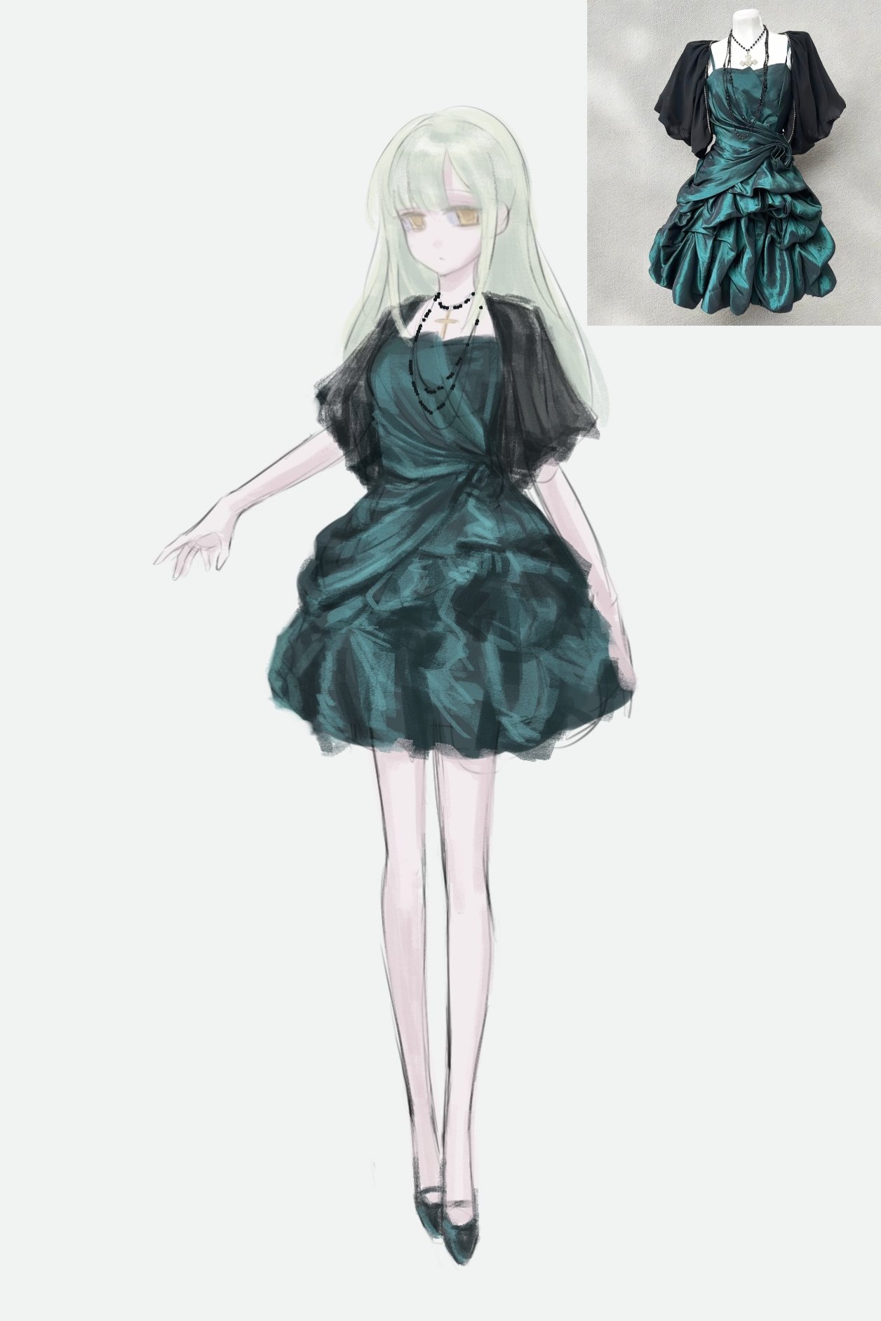 wakaba mutsumi, bang dream!, bang dream! it's mygo!!!!!, commentary, english commentary, highres, 1girl, dress, full body, green dress, green hair, jewelry, long hair, necklace, reference inset, short sleeves, shoushud, simple background, solo, white background, yellow eyes