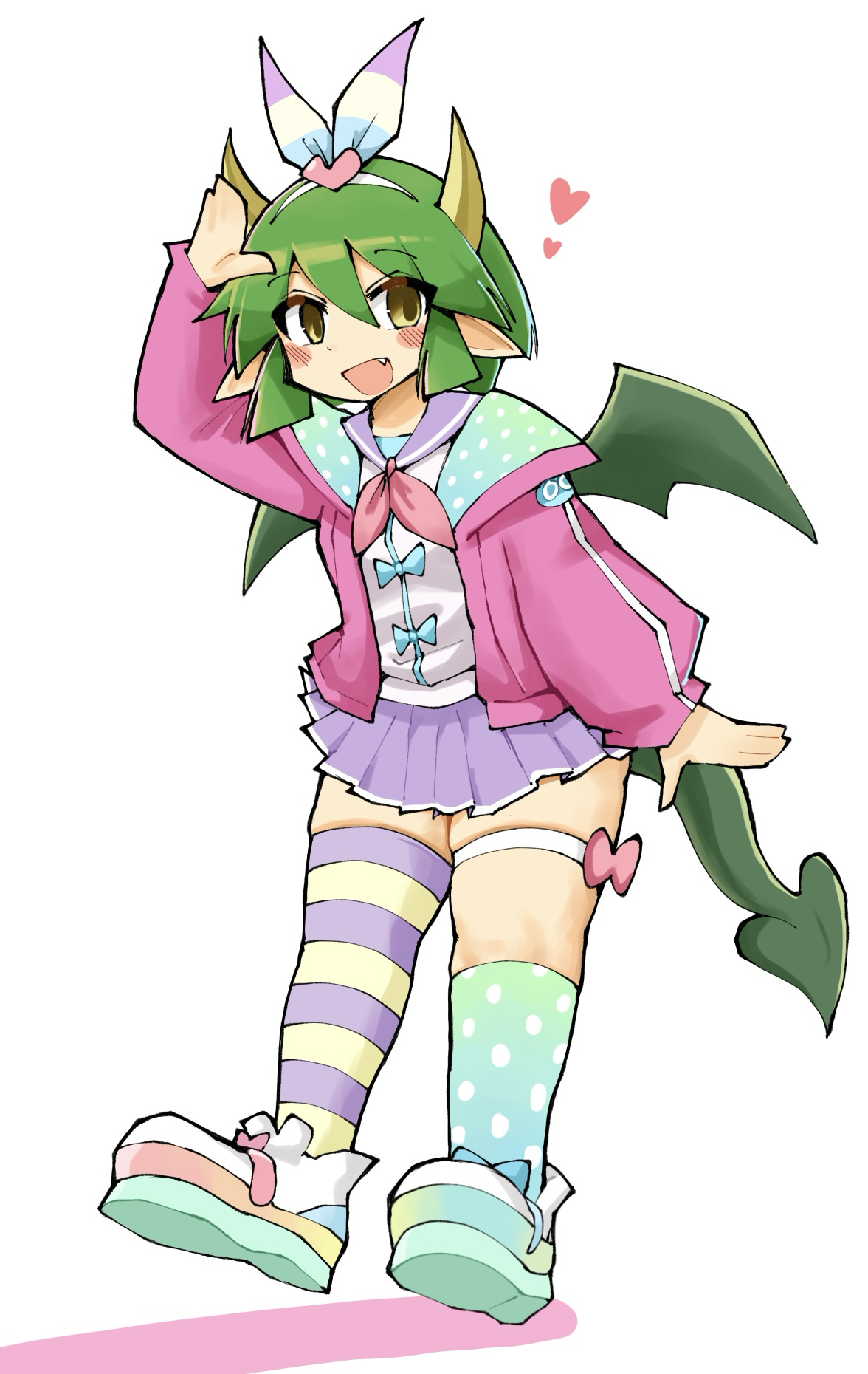 draco centauros, puyo (puyopuyo), puyopuyo, puyopuyo quest, commentary request, highres, 1girl, arm up, asymmetrical legwear, blue bow, blue jacket, blue ribbon, blue socks, blush, bow, brown eyes, character ornament, collar, dragon girl, dragon horns, dragon tail, dragon wings, fang, footwear bow, gradient socks, green hair, green socks, hair between eyes, hair ornament, hairband, heart, heart hair ornament, horns, jacket, kneehighs, kurokogeee, looking at viewer, multicolored ribbon, neckerchief, official alternate costume, open mouth, pink bow, pink jacket, pink neckerchief, pleated skirt, pointy ears, polka dot, polka dot jacket, polka dot socks, purple collar, purple ribbon, purple skirt, purple thighhighs, ribbon, sailor collar, shirt, shirt bow, shoes, short hair, simple background, single kneehigh, single sock, single thighhigh, skirt, smile, socks, solo, striped clothes, striped thighhighs, tail, thigh strap, thighhighs, two-sided fabric, two-sided jacket, white background, white hairband, white jacket, white shirt, white shoes, white socks, white straps, wings, yellow ribbon, yellow thighhighs, zettai ryouiki
