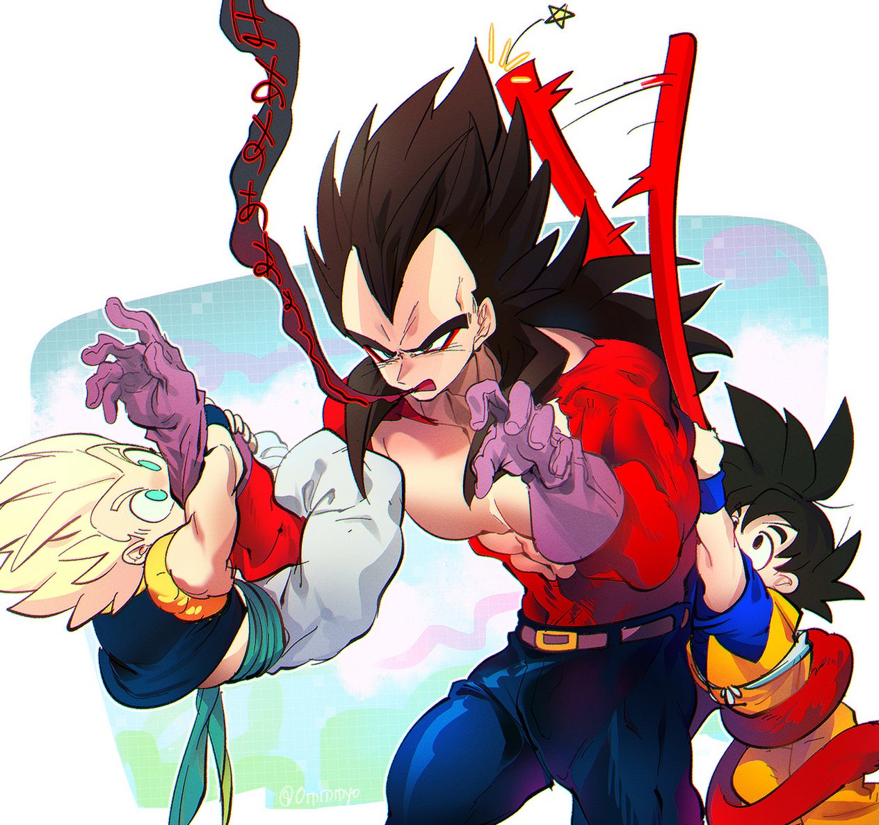 ommmyoh, gotenks, son goku, vegeta, dragon ball, dragon ball daima, dragon ball gt, dragonball z, black hair, blue eyes, blue sash, dougi, gloves, long hair, male focus, metamoran vest, monkey boy, monkey tail, multiple boys, muscular, muscular male, open mouth, pants, red fur, ruyi jingu bang, saiyan, sash, spiked hair, super saiyan, super saiyan 1, super saiyan 4, tail, twitter username
