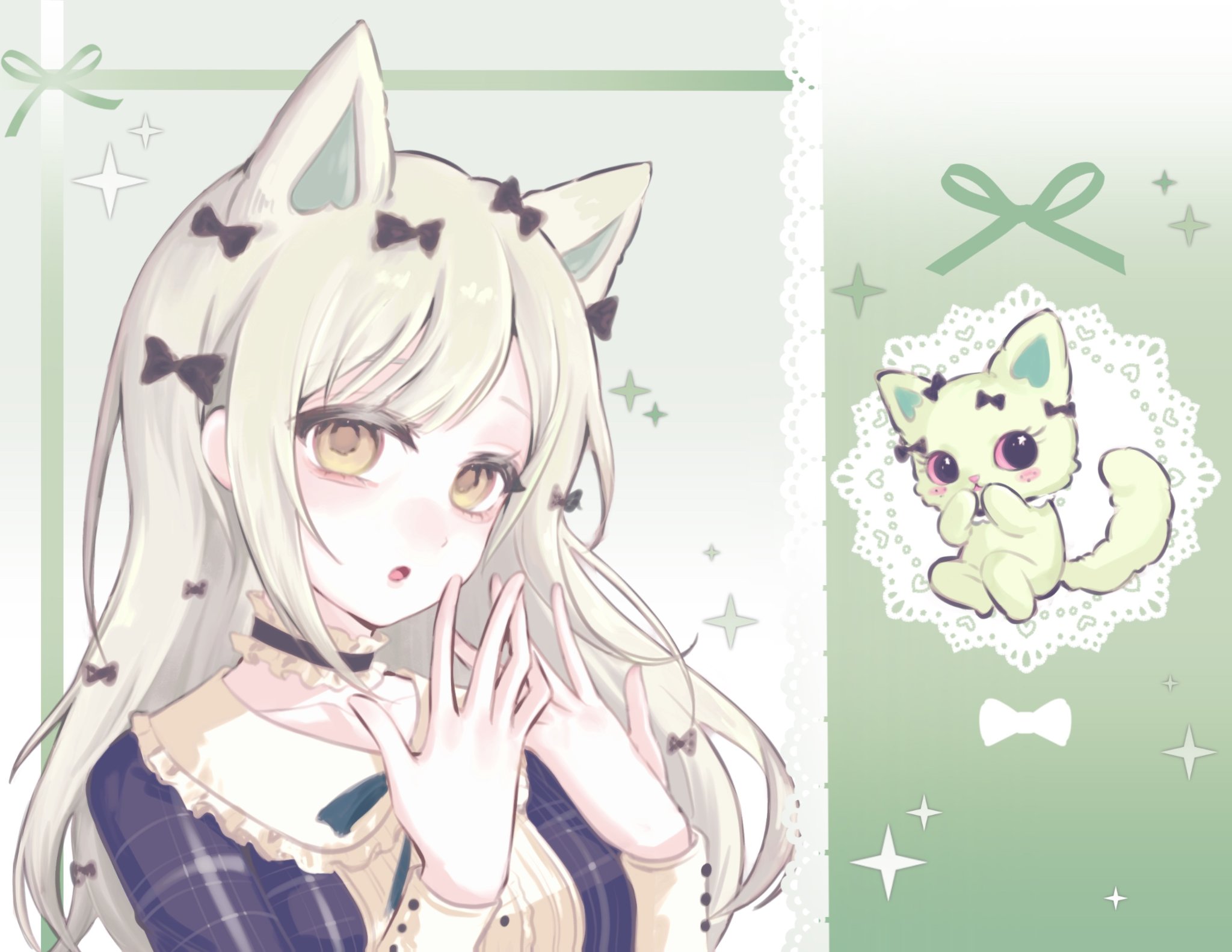 wakaba mutsumi, bang dream!, bang dream! it's mygo!!!!!, beatcats, sanrio, chinese commentary, commentary request, highres, 1girl, animal ears, black bow, black choker, bow, cat, cat ears, cat girl, choker, emma (beatcats), frilled choker, frills, green hair, hair bow, hands up, kemonomimi mode, long hair, long sleeves, shoushud, sidelocks, upper body