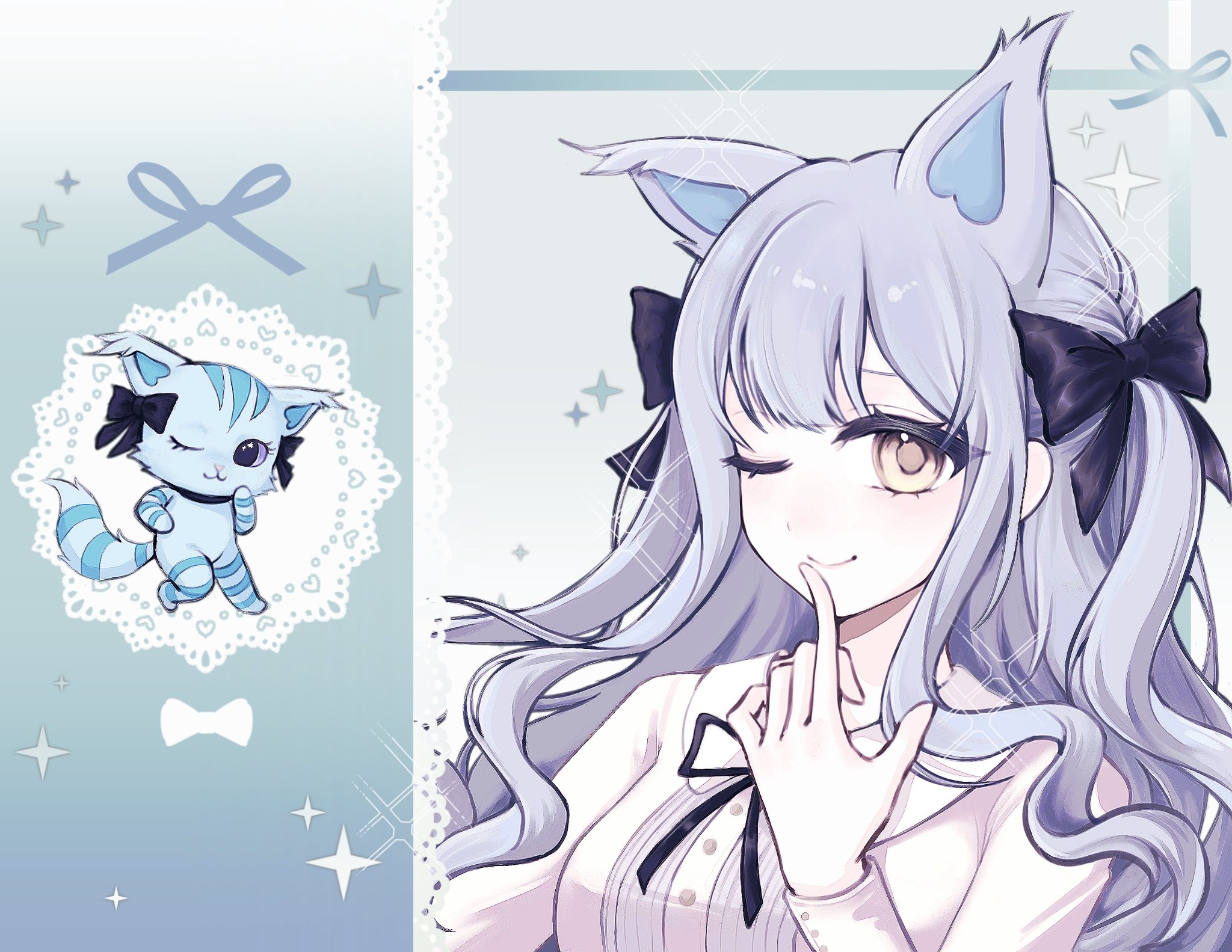 togawa sakiko, bang dream!, bang dream! it's mygo!!!!!, beatcats, sanrio, chinese commentary, commentary request, highres, 1girl, animal ears, black bow, blue hair, bow, cat ears, cat girl, chelsea (beatcats), closed mouth, glint, hair bow, index finger raised, kemonomimi mode, long hair, looking at viewer, neck ribbon, one eye closed, ribbon, shirt, shoushud, sidelocks, white shirt, yellow eyes