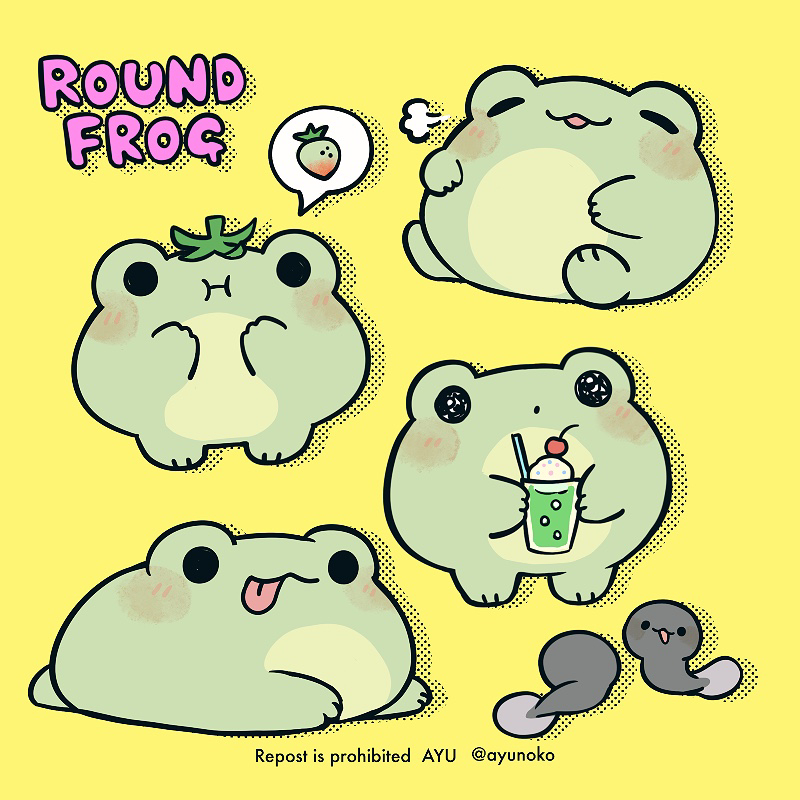 ayu (mog), original, commentary, english commentary, mixed-language commentary, :3, :d, :i, :p, animal focus, blush stickers, cherry, closed eyes, closed mouth, cup, drinking glass, drinking straw, food, frog, fruit, holding, holding cup, ice cream, ice cream float, multiple views, no humans, open mouth, romaji commentary, simple background, smile, solid circle eyes, spoken food, strawberry, tadpole, tongue, tongue out, twitter username, watermark, yellow background