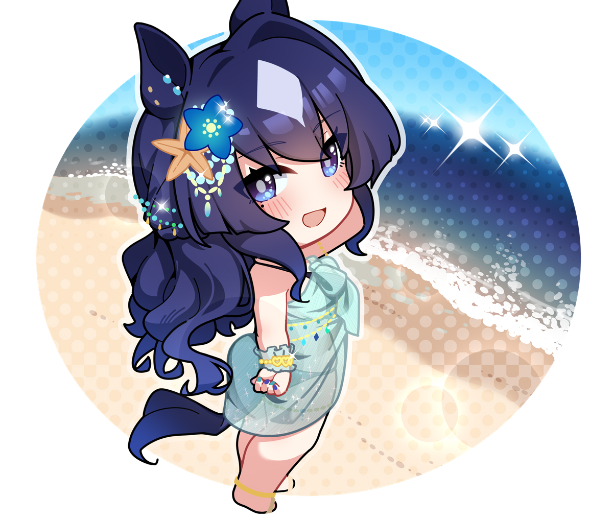 warashi, verxina (umamusume), umamusume, commentary request, textless version, 1girl, :d, animal ears, barefoot, beach, bikini, black bikini, blue eyes, blue hair, blue nails, breasts, chibi, chibi only, fingerless gloves, gloves, horse ears, horse girl, horse tail, large breasts, long hair, looking at viewer, mole, mole under eye, multicolored nails, nail polish, ocean, open mouth, sand, shawl, smile, solo, standing, swimsuit, tail, wrist cuffs