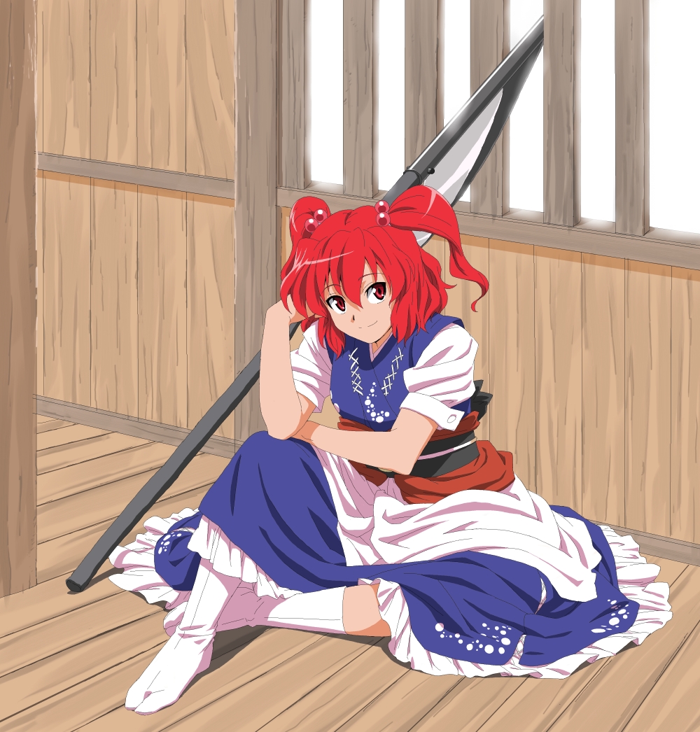 ikuya koimori, onozuka komachi, touhou, bad id, bad pixiv id, 1girl, arm support, female focus, hair bobbles, hair ornament, no shoes, red eyes, red hair, scythe, sitting, smile, solo, tabi, twintails, two side up