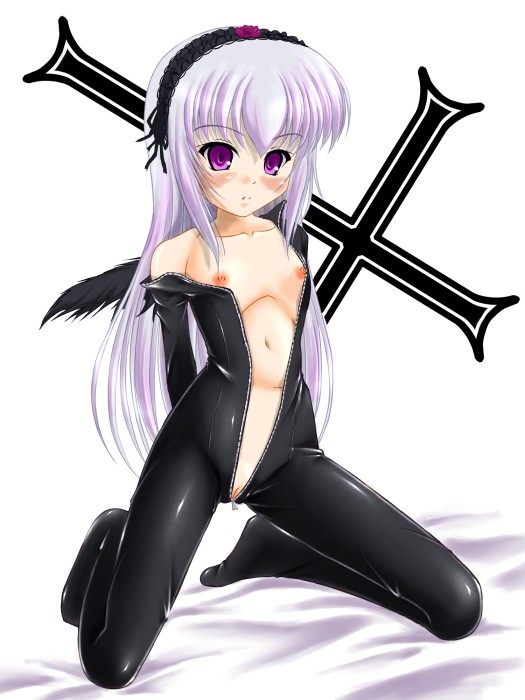 katsuragi niya, suigintou, rozen maiden, silver hair, 00s, 1girl, biker clothes, bikesuit, blush, bodysuit, cleft of venus, female focus, flat chest, hairband, loli, open bodysuit, open clothes, open shirt, purple eyes, pussy, pussy peek, shirt, solo, uncensored, white background