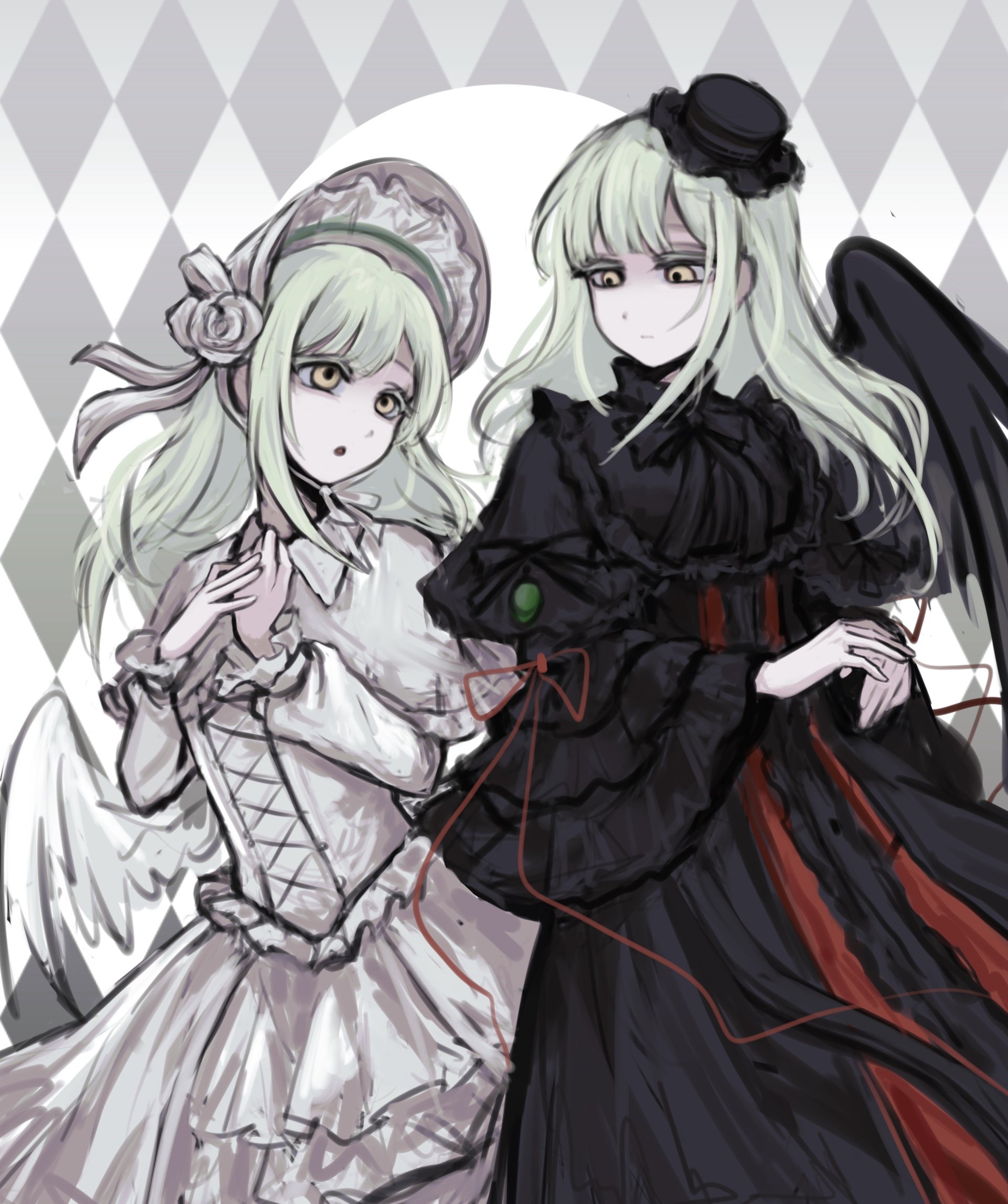 wakaba mutsumi, bang dream!, bang dream! it's mygo!!!!!, commentary, hashtag-only commentary, highres, 2girls, black dress, black hat, black wings, bonnet, closed mouth, dress, dual persona, green hair, hat, long hair, long sleeves, looking at another, mini hat, multiple girls, open mouth, red ribbon, ribbon, shoushud, sidelocks, white bonnet, white dress, wings, yellow eyes