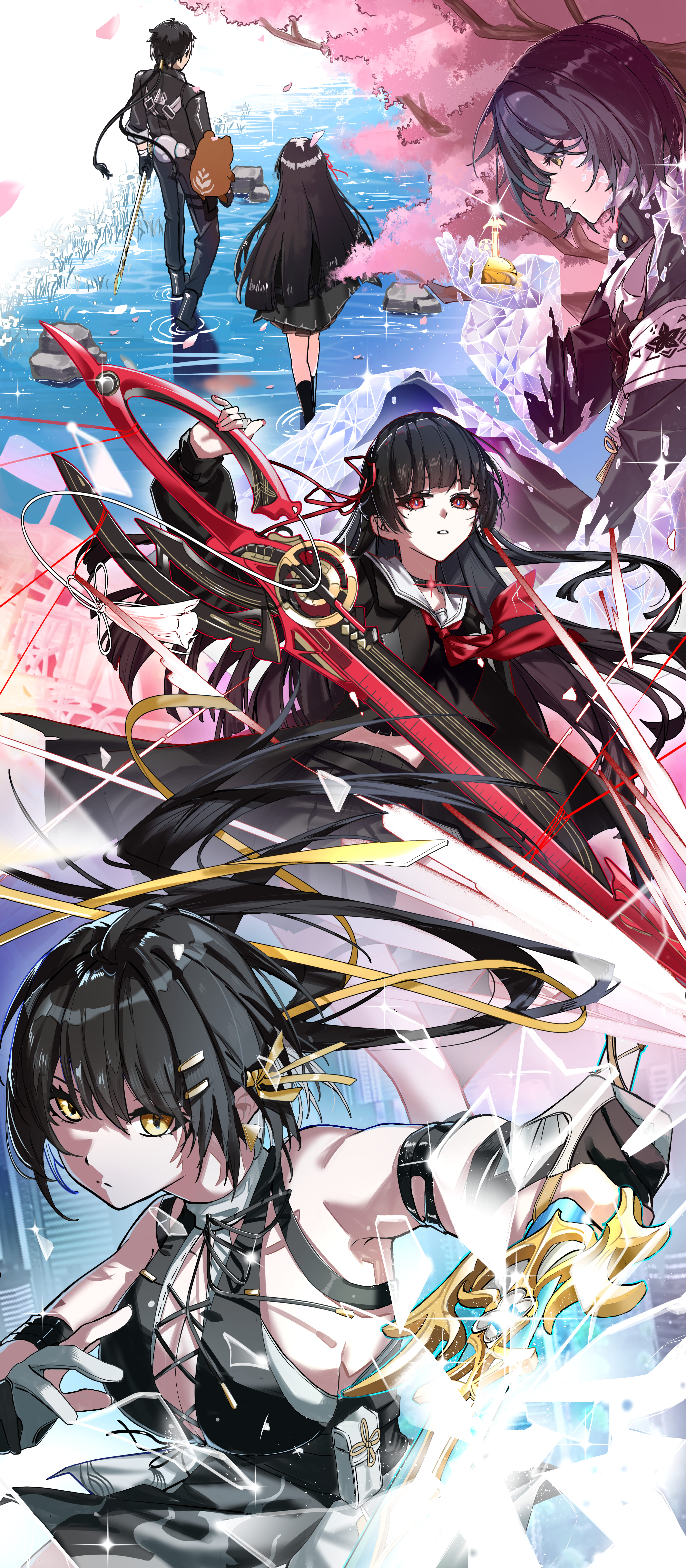 rena (rena emc2), chisa (wuthering waves), female rover (wuthering waves), male rover (wuthering waves), rover (wuthering waves), wuthering waves, absurdres, commentary request, highres, 1boy, 3girls, bare shoulders, black choker, black dress, black hair, black jacket, black pants, black serafuku, black shirt, black skirt, blake bloom (wuthering waves), breasts, bright pupils, choker, closed mouth, cross-laced clothes, cross-laced dress, dress, dual persona, hair ornament, hair ribbon, hairclip, holding, holding sword, holding weapon, jacket, large breasts, long hair, material growth, mole, mole under eye, multiple girls, namipon (wuthering waves), neckerchief, pangu terminal (wuthering waves), pants, parallel hairclips, parted lips, pink petals, red eyes, red neckerchief, red ribbon, ribbon, sailor collar, school uniform, serafuku, shirt, skirt, sleeveless, sleeveless dress, sumika (wuthering waves), sword, weapon, white pupils, white sailor collar, yellow eyes, yellow ribbon