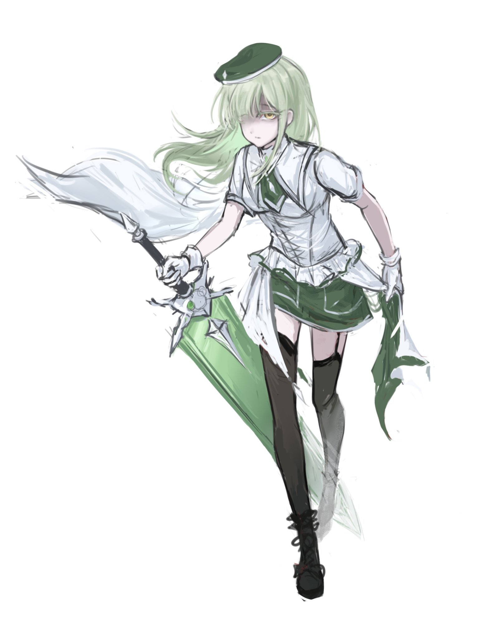 wakaba mutsumi, bang dream!, bang dream! it's mygo!!!!!, chinese commentary, commentary request, highres, 1girl, beret, black boots, black thighhighs, boots, cape, closed mouth, full body, gloves, green hair, green hat, green skirt, hat, holding, holding sword, holding weapon, long hair, looking at viewer, shirt, short sleeves, shoushud, simple background, skirt, solo, sword, thighhighs, weapon, white background, white cape, white gloves, white shirt, yellow eyes