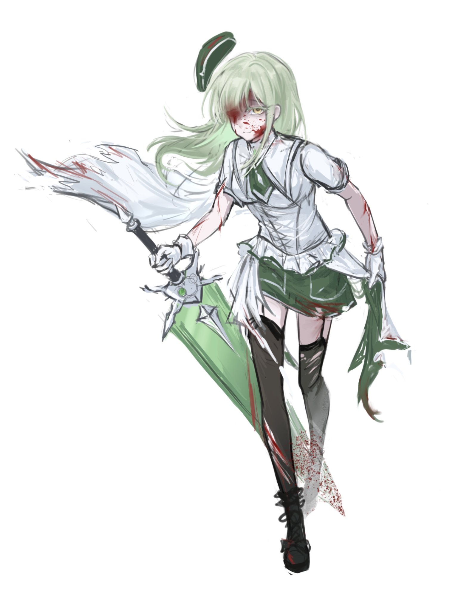 wakaba mutsumi, bang dream!, bang dream! it's mygo!!!!!, chinese commentary, commentary request, highres, 1girl, beret, black boots, black thighhighs, blood, blood on clothes, blood on face, boots, cape, closed mouth, full body, gloves, green hair, green hat, green skirt, hat, holding, holding sword, holding weapon, long hair, looking at viewer, shirt, short sleeves, shoushud, simple background, skirt, solo, sword, thighhighs, torn clothes, torn thighhighs, weapon, white background, white cape, white gloves, white shirt, yellow eyes