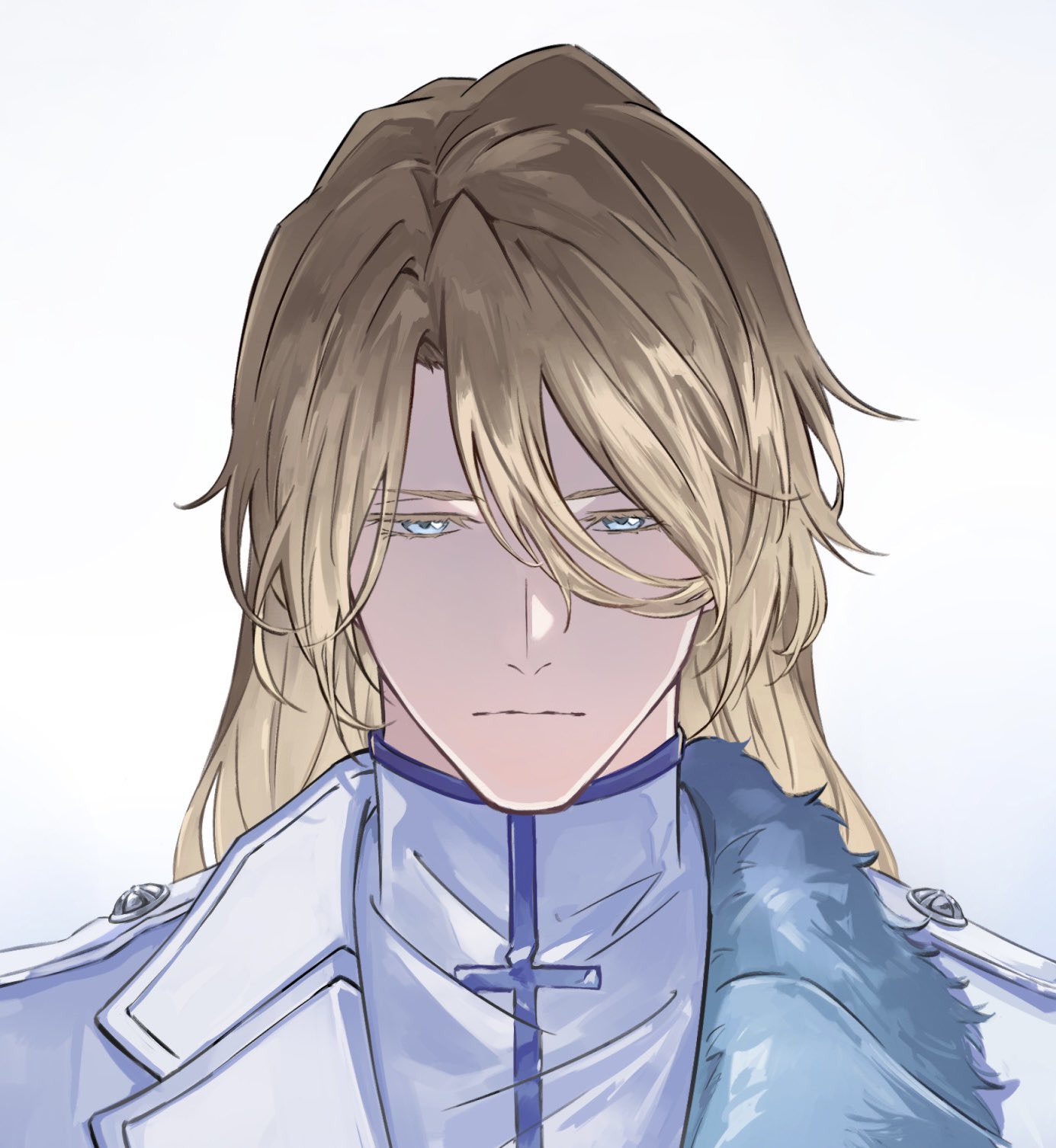 terarenai, jugram haschwalth, bleach, bleach: sennen kessen-hen, commentary, commentary request, english commentary, highres, unfinished, 1boy, blonde hair, blue eyes, closed mouth, coat, expressionless, hair between eyes, long hair, looking at viewer, male focus, quincy (bleach), solo, sternritter, upper body, wandenreich uniform, white background, white coat